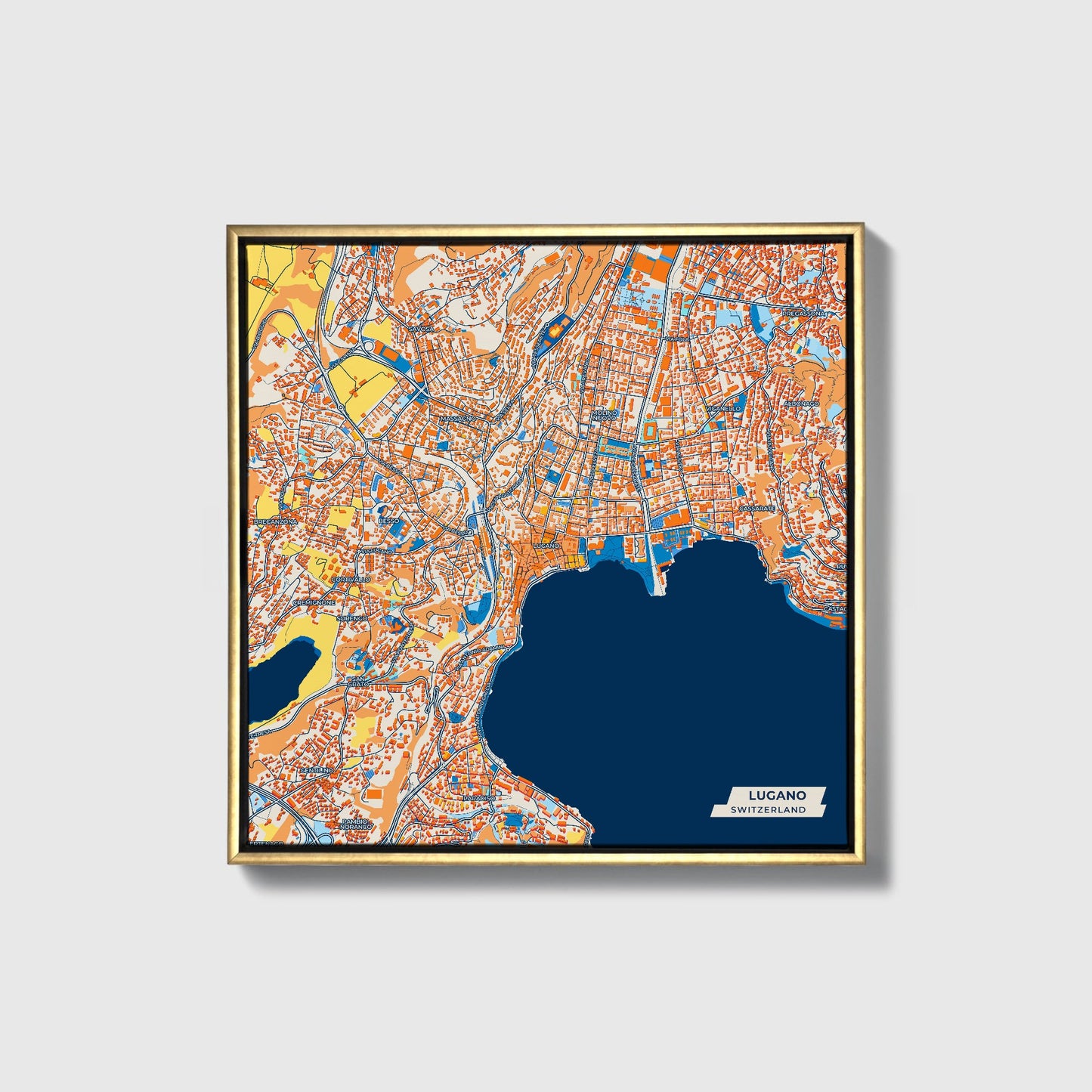 Lugano Switzerland Colorful City Map Canvas Print • Gold Framed