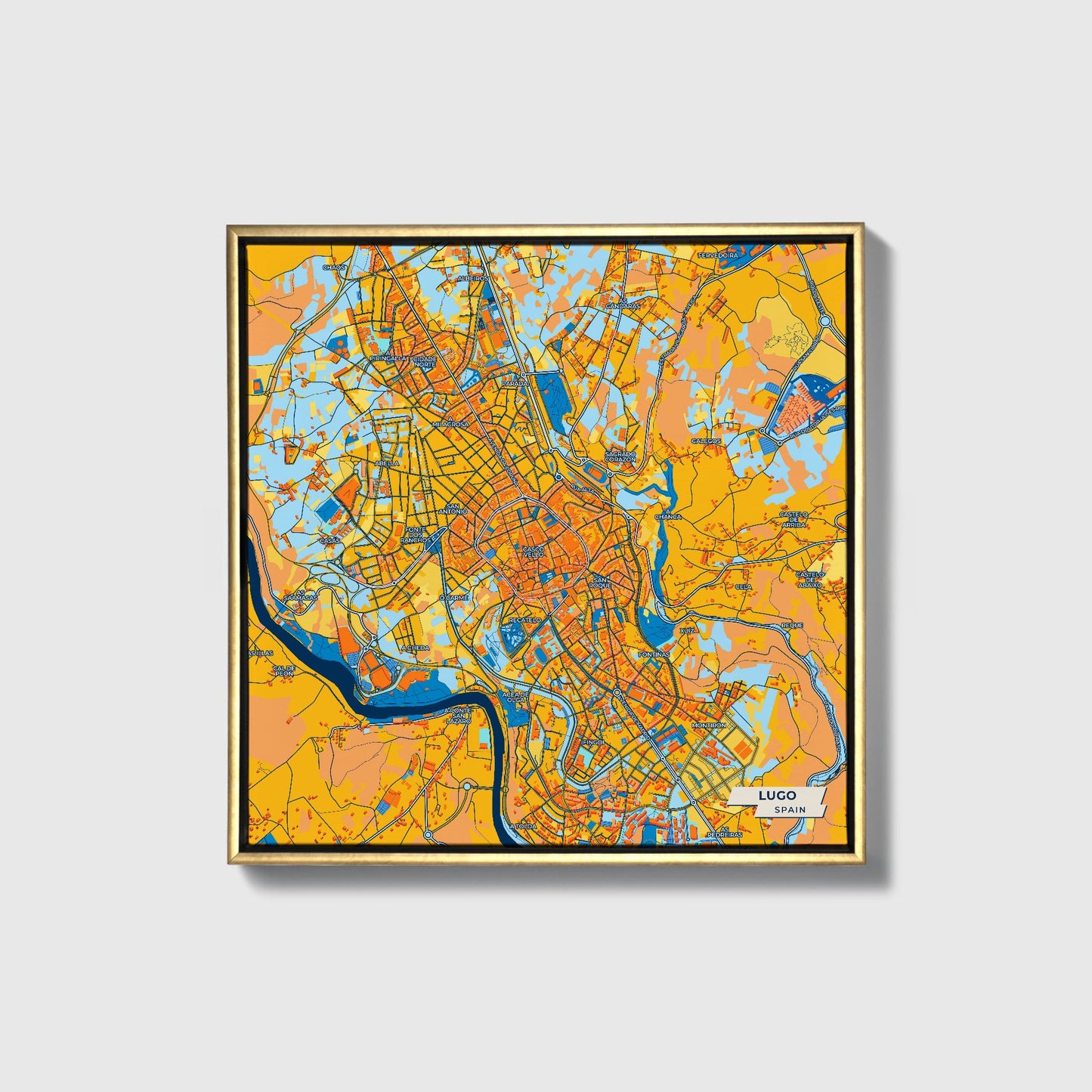 Lugo Spain Colorful City Map Canvas Print • Gold Framed