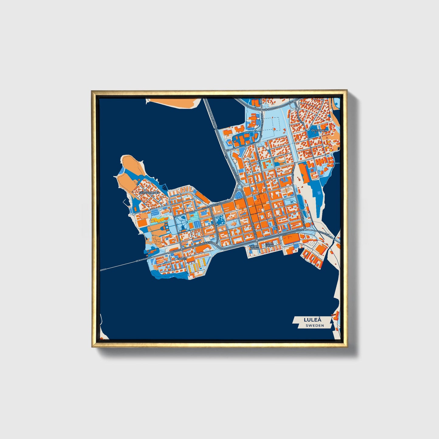 Luleå Sweden Colorful City Map Canvas Print • Gold Framed