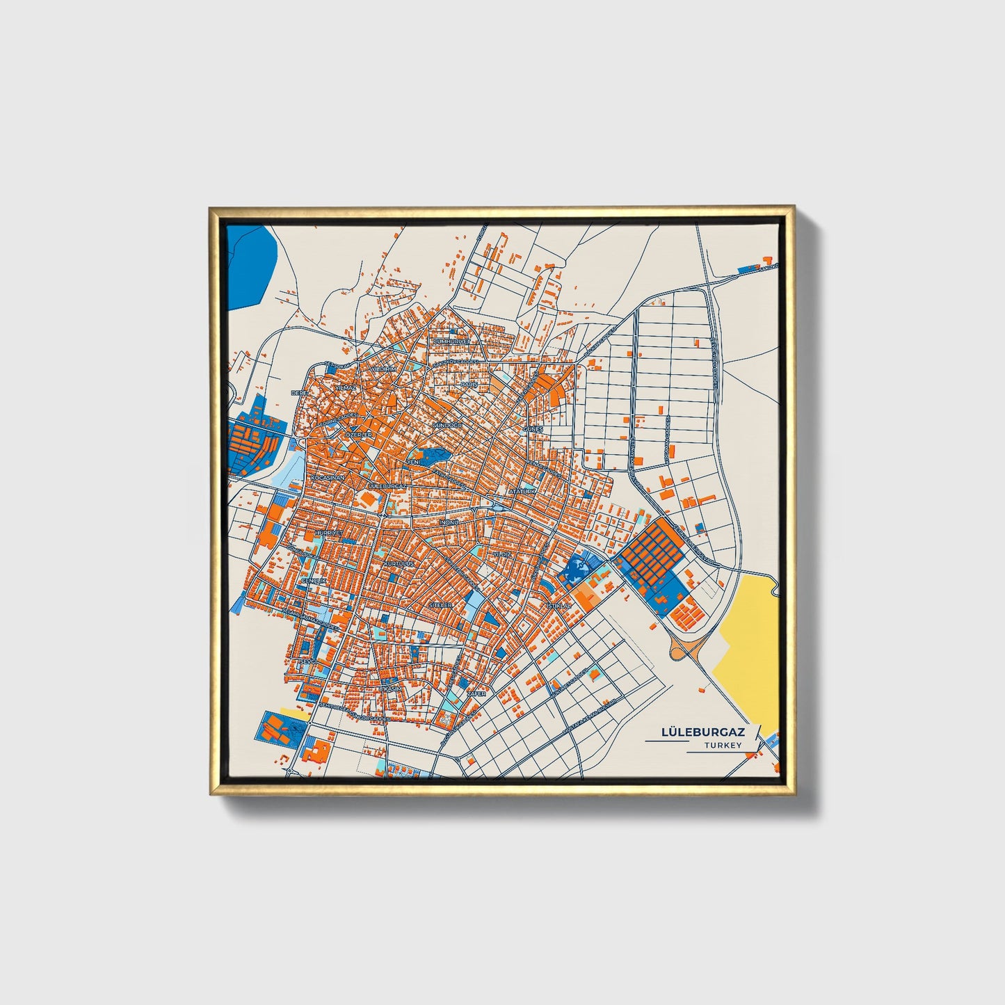 Lüleburgaz Turkey Colorful City Map Canvas Print • Gold Framed