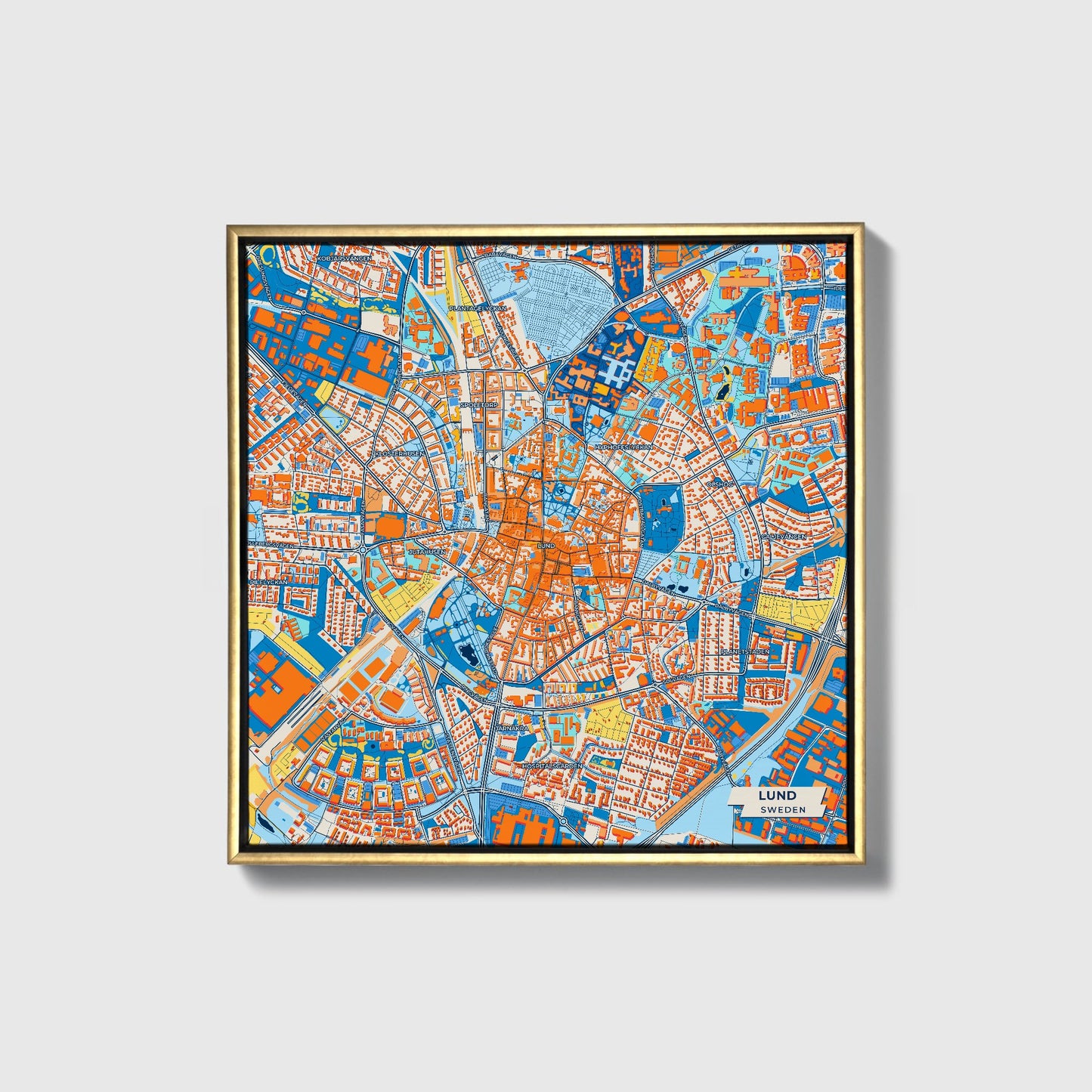 Lund Sweden Colorful City Map Canvas Print • Gold Framed