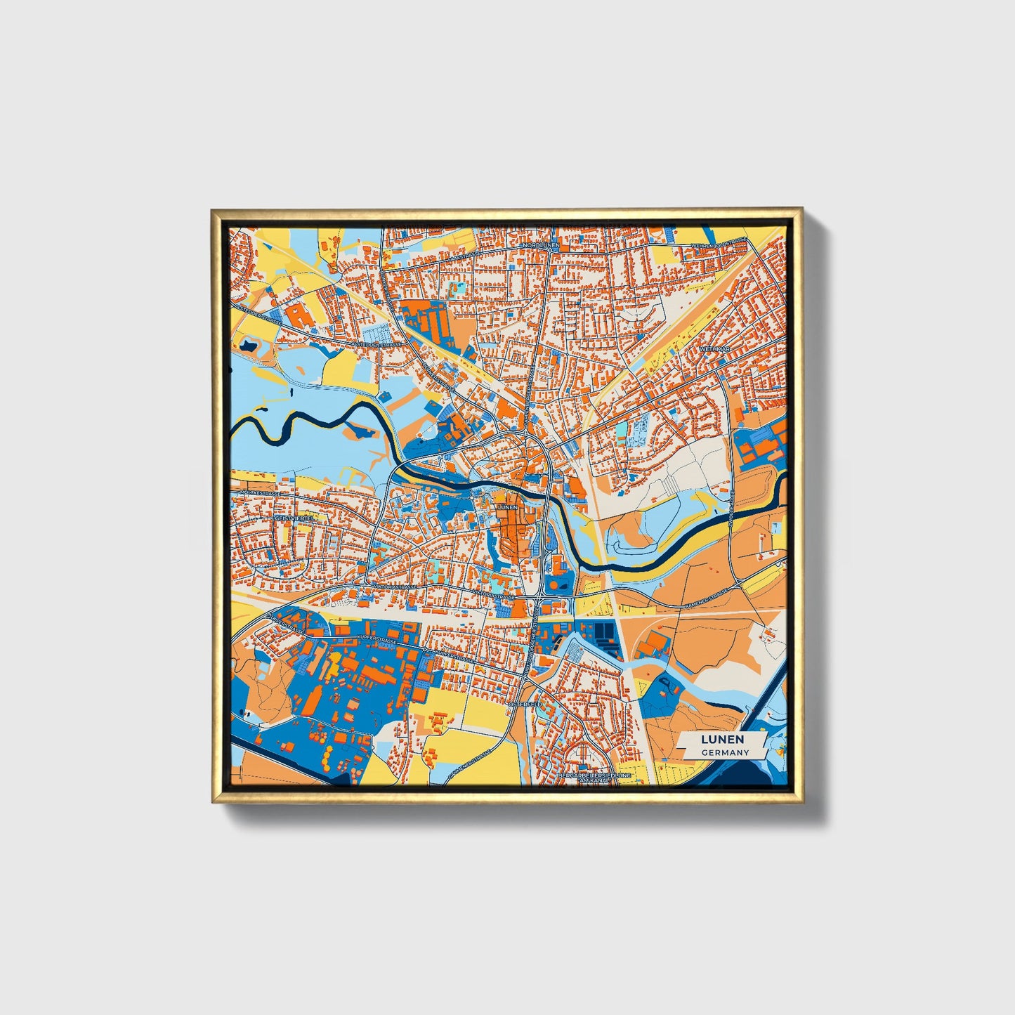 Lünen Germany Colorful City Map Canvas Print • Gold Framed
