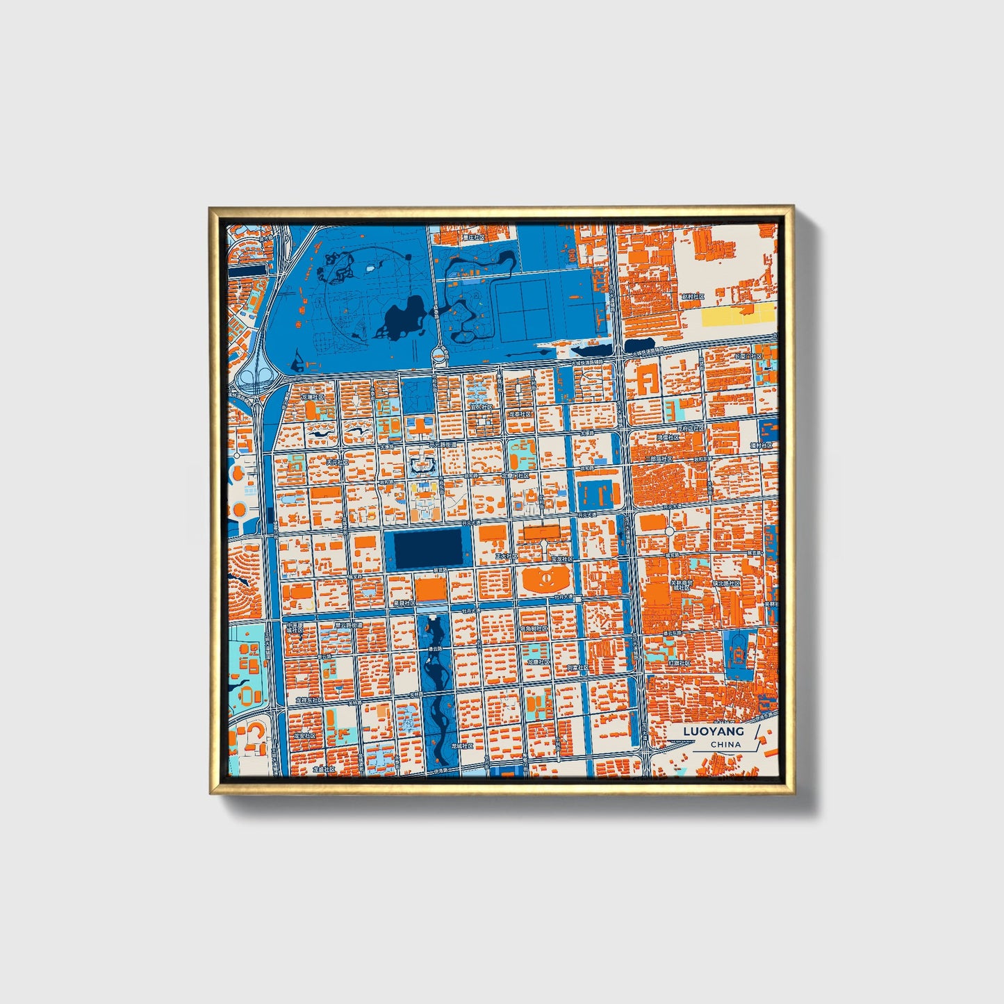 Luoyang China Colorful City Map Canvas Print • Gold Framed