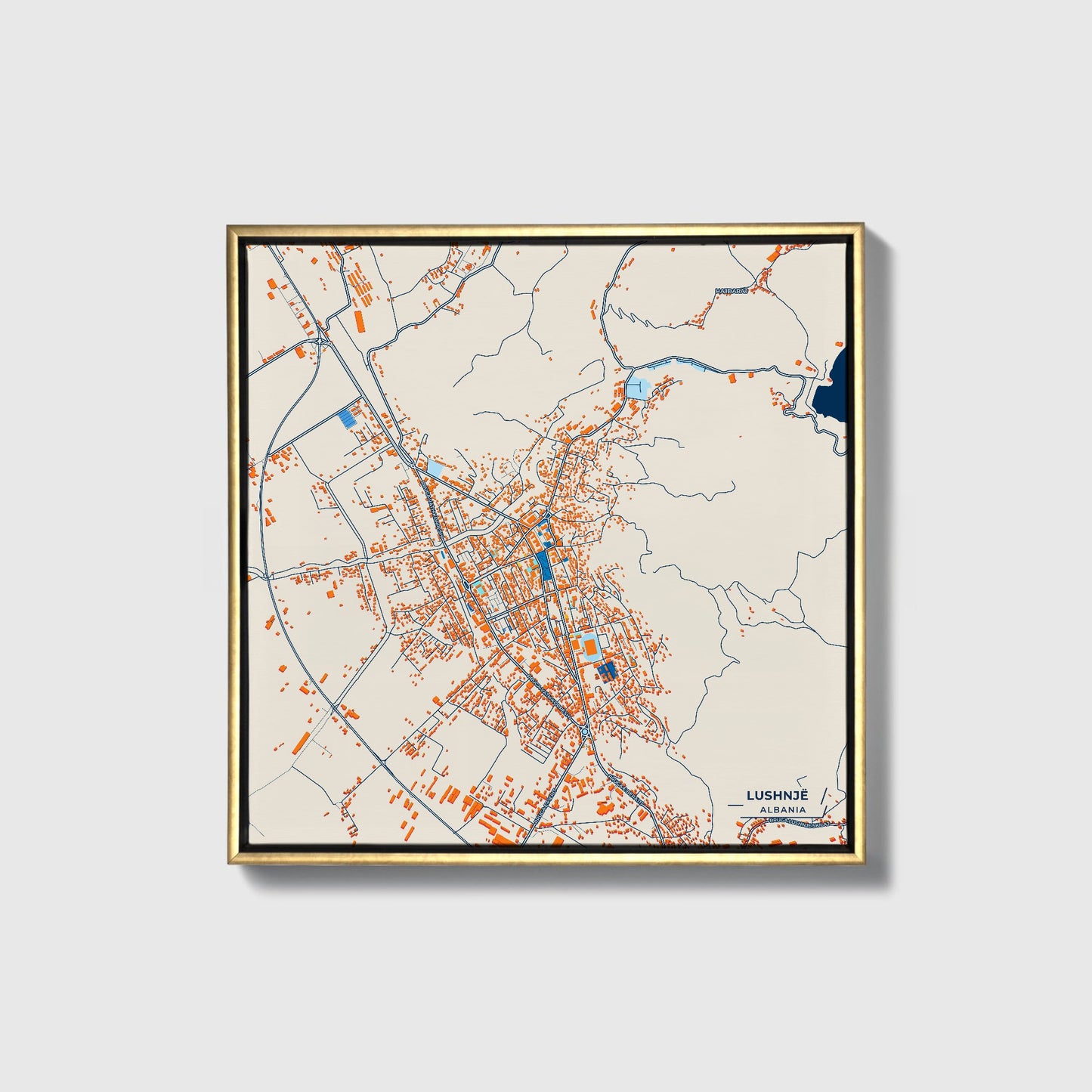Lushnjë Albania Colorful City Map Canvas Print • Gold Framed
