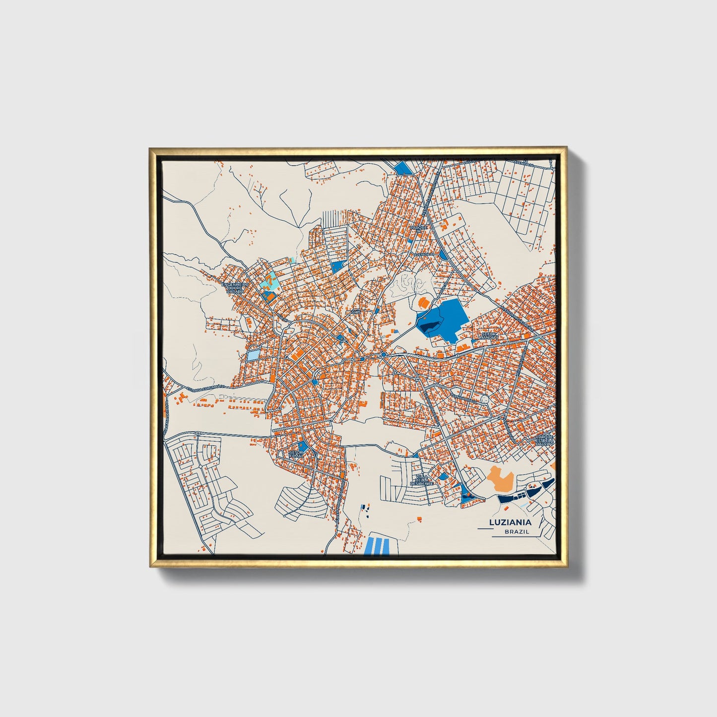 Luziania Brazil Colorful City Map Canvas Print • Gold Framed