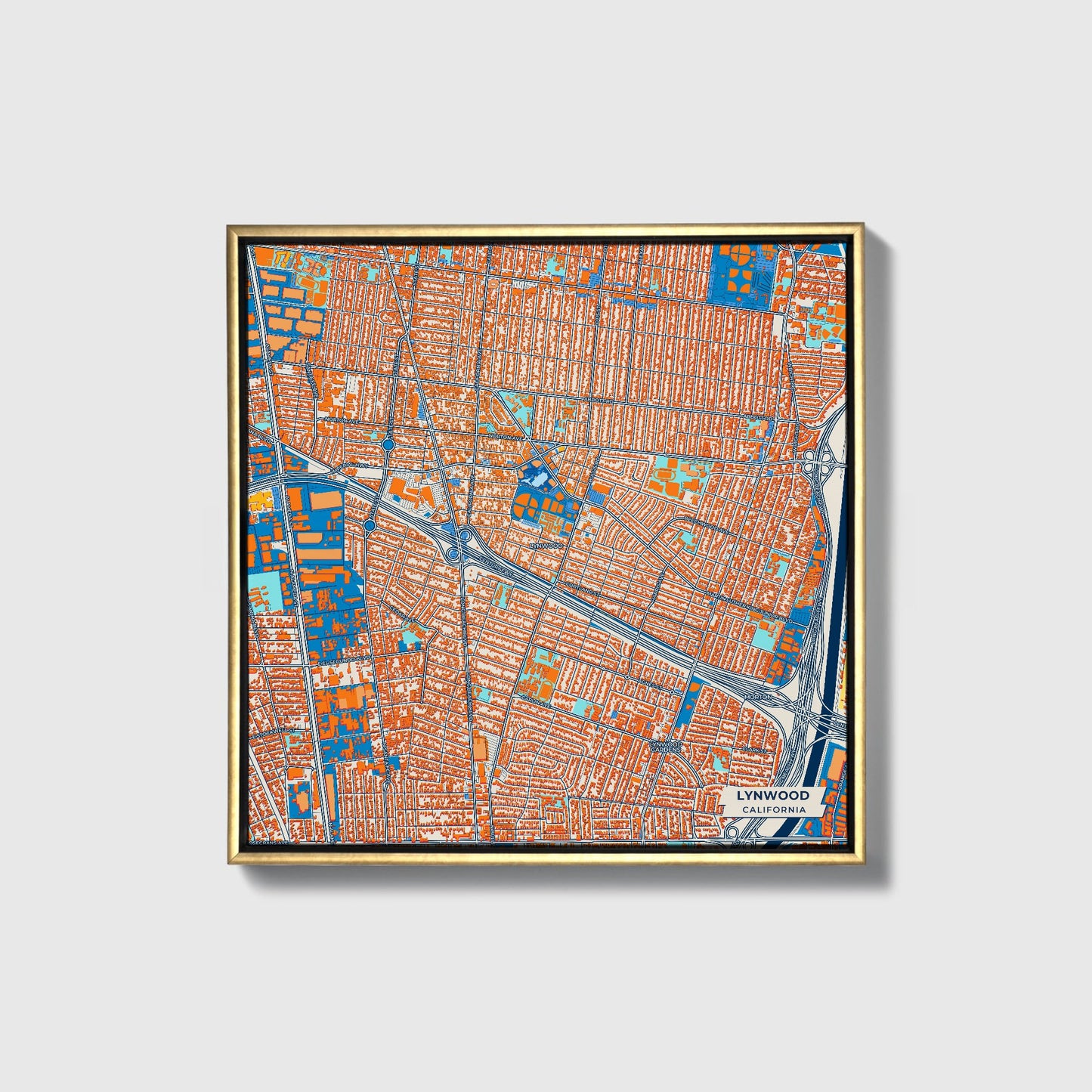 Lynwood California Colorful City Map Canvas Print • Gold Framed