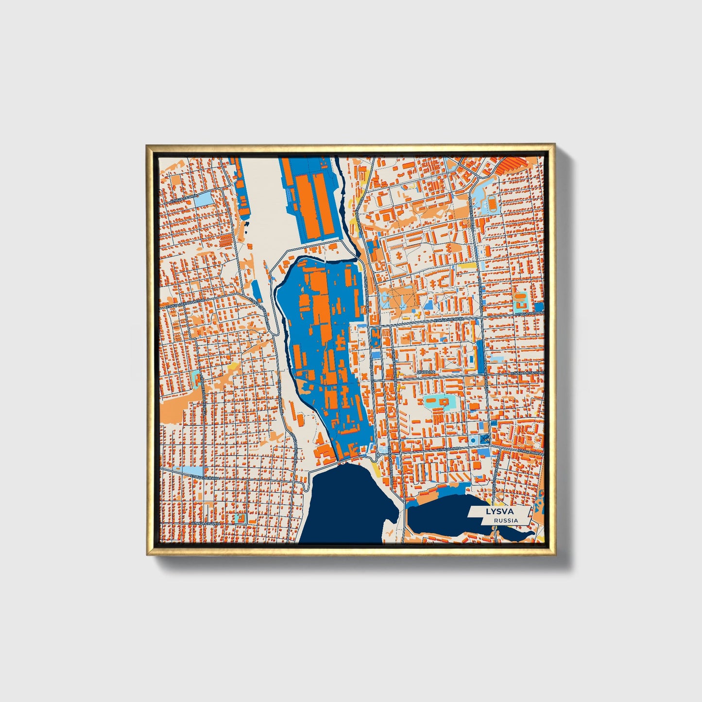 Лысьвенский Russia Colorful City Map Canvas Print • Gold Framed