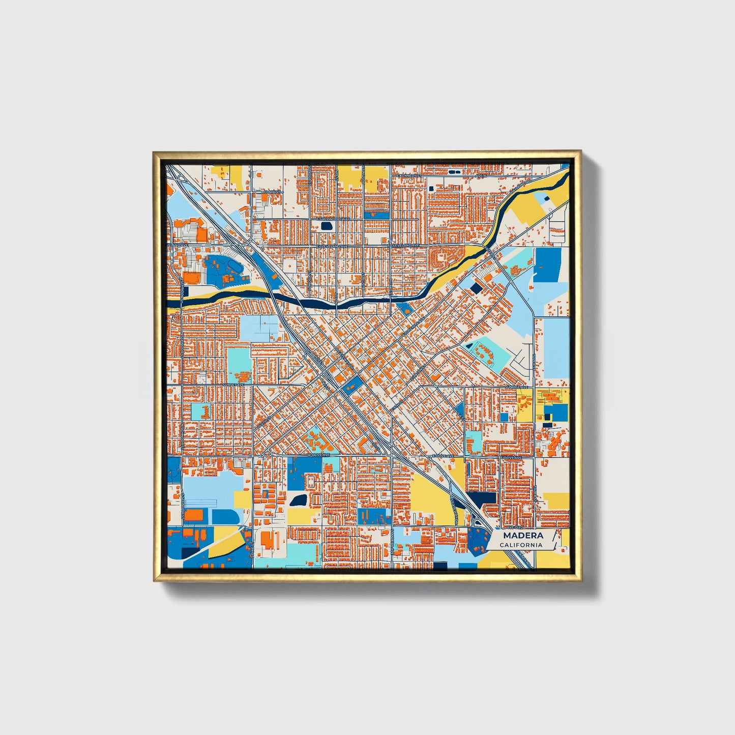 Madera California Colorful City Map Canvas Print • Gold Framed