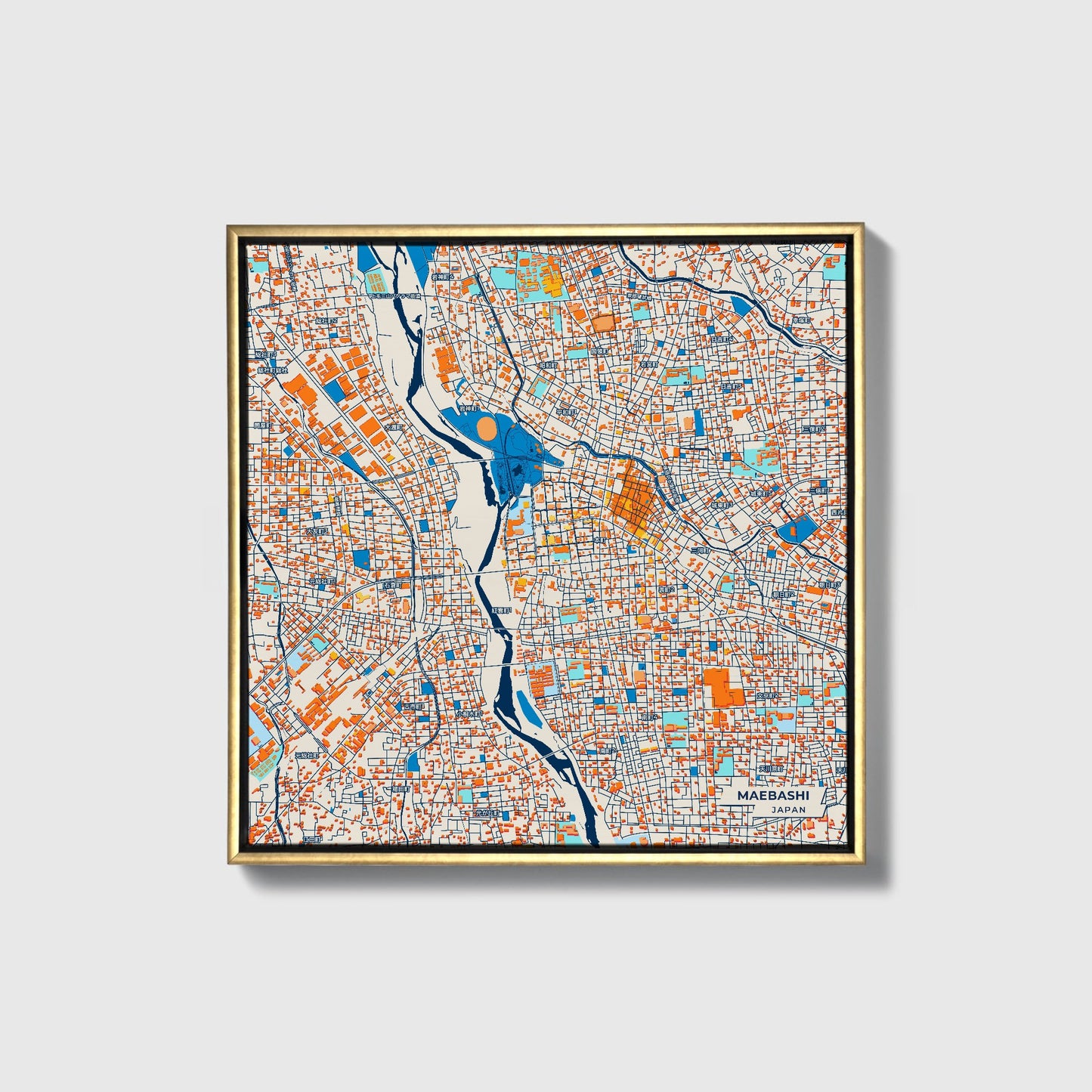Maebashi Japan Colorful City Map Canvas Print • Gold Framed