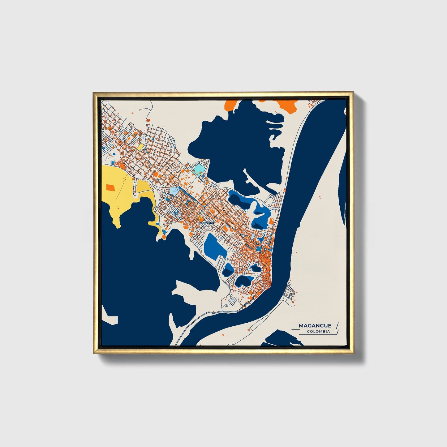 Magangue Colombia Colorful City Map Canvas Print • Gold Framed