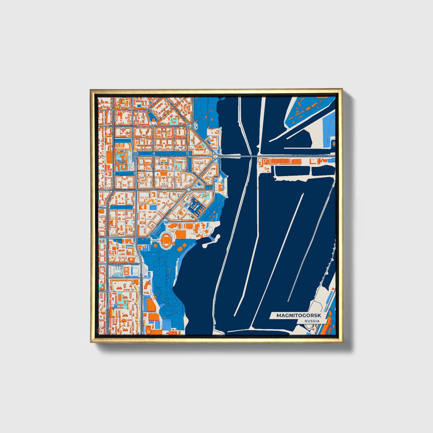 Магнитогорский Russia Colorful City Map Canvas Print • Gold Framed