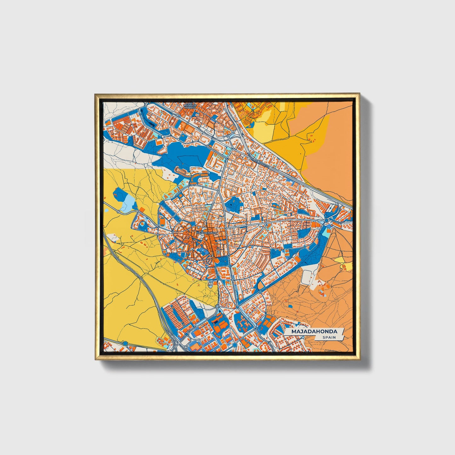 Majadahonda Spain Colorful City Map Canvas Print • Gold Framed