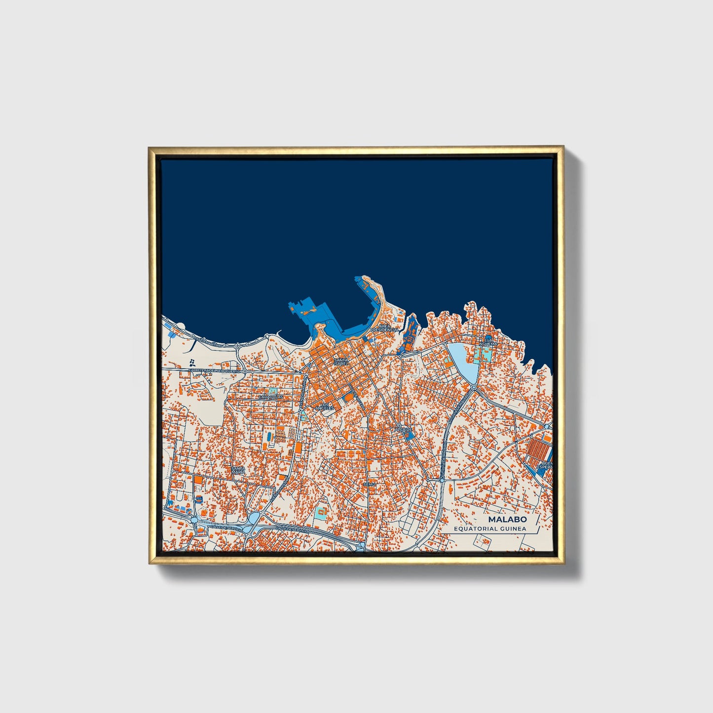 Malabo Equatorial Guinea Colorful City Map Canvas Print • Gold Framed