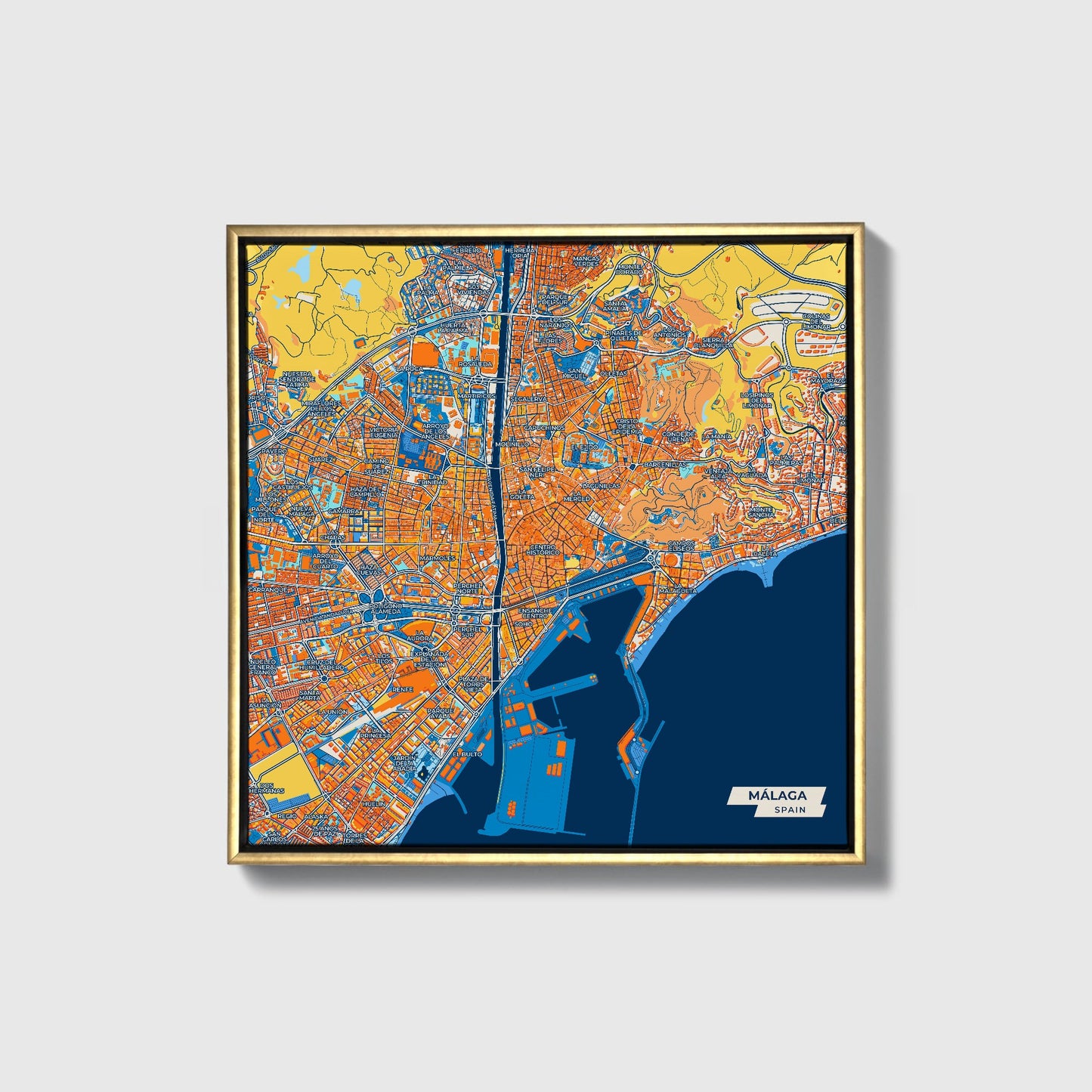 Málaga Spain Colorful City Map Canvas Print • Gold Framed