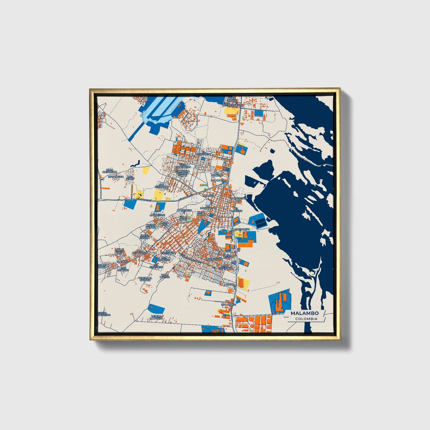 Malambo Colombia Colorful City Map Canvas Print • Gold Framed