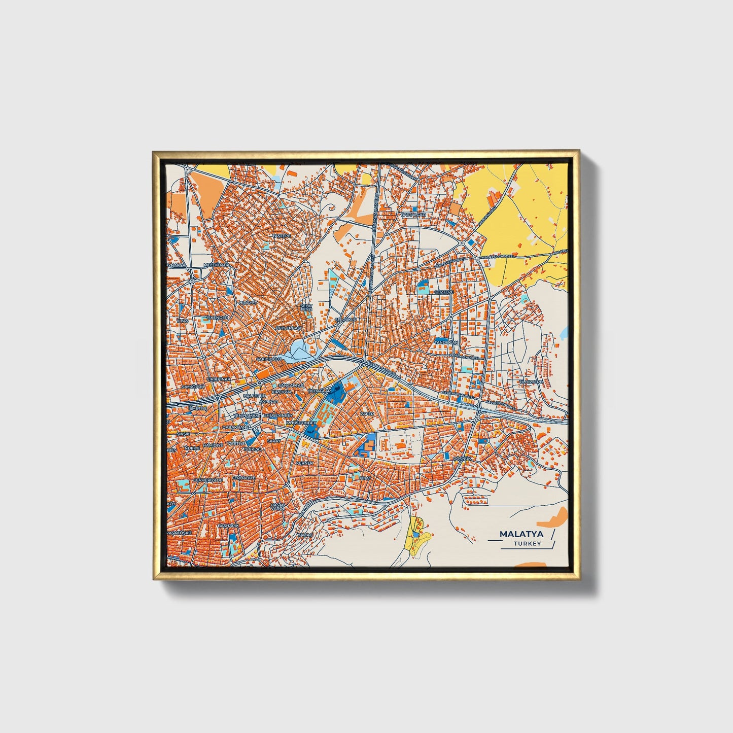 Malatya Turkey Colorful City Map Canvas Print • Gold Framed