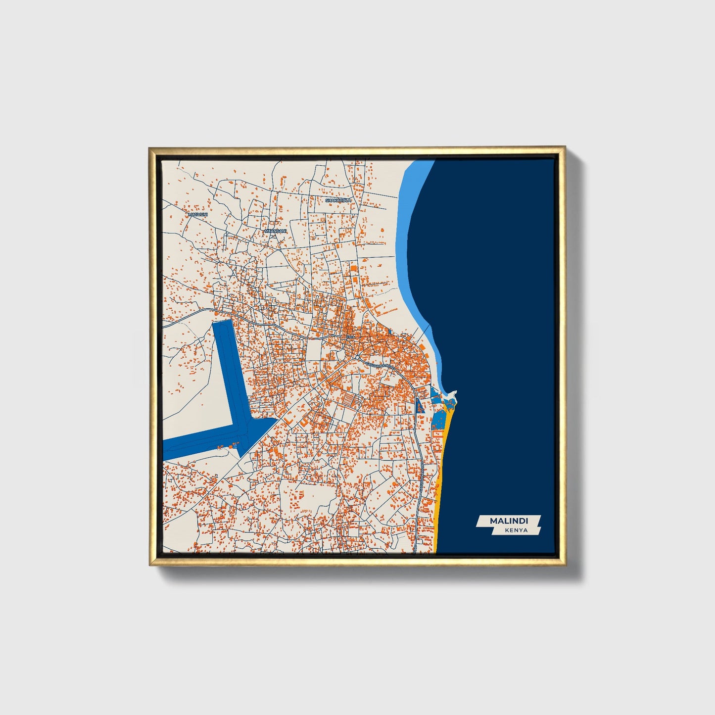 Malindi Kenya Colorful City Map Canvas Print • Gold Framed