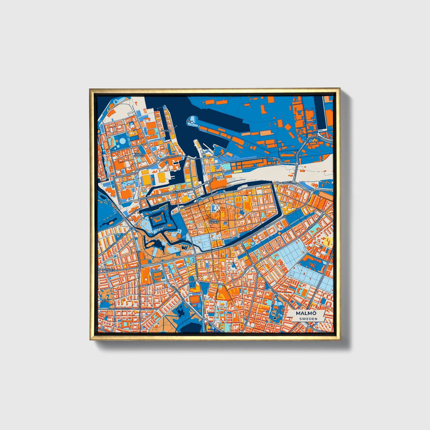 Malmö Sweden Colorful City Map Canvas Print • Gold Framed