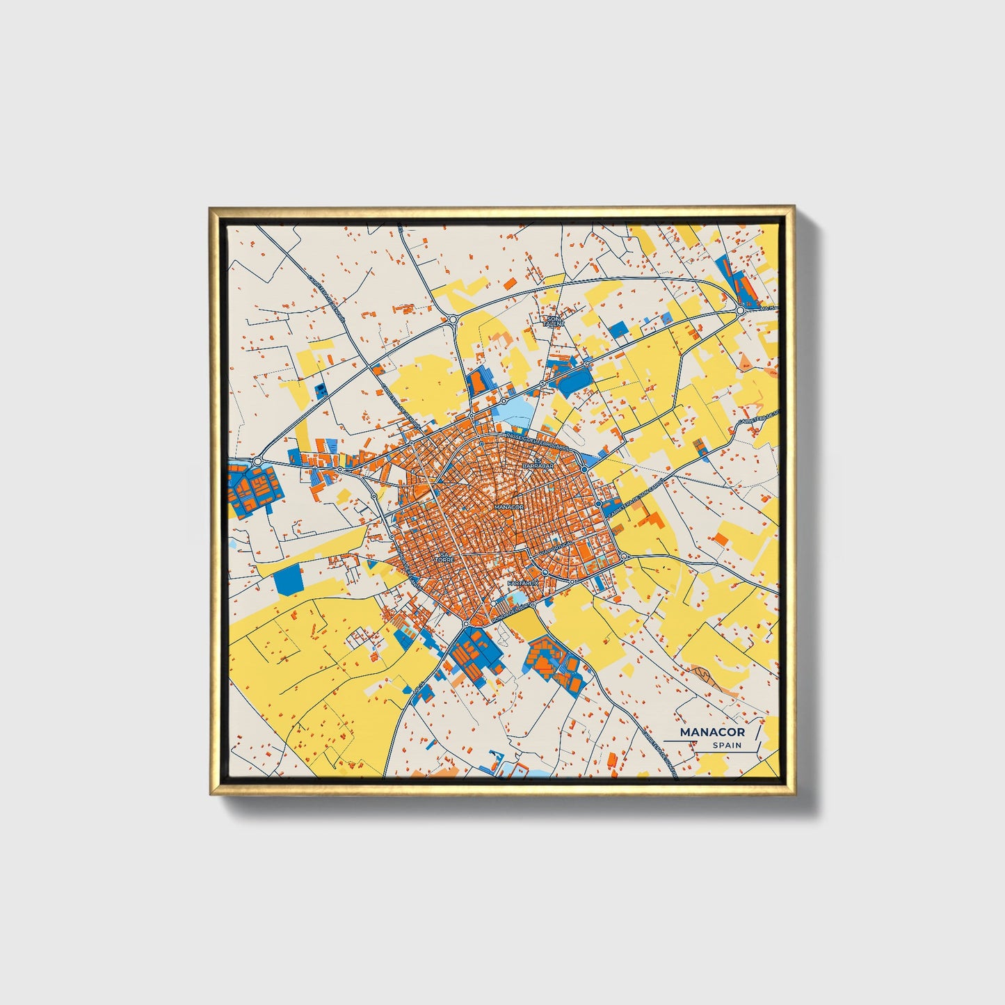 Manacor Spain Colorful City Map Canvas Print • Gold Framed
