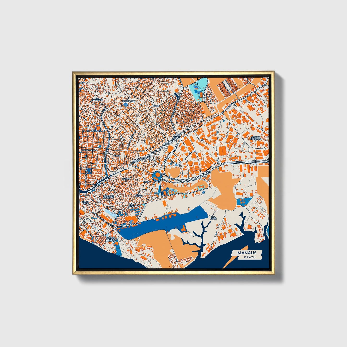 Manaus Brazil Colorful City Map Canvas Print • Gold Framed