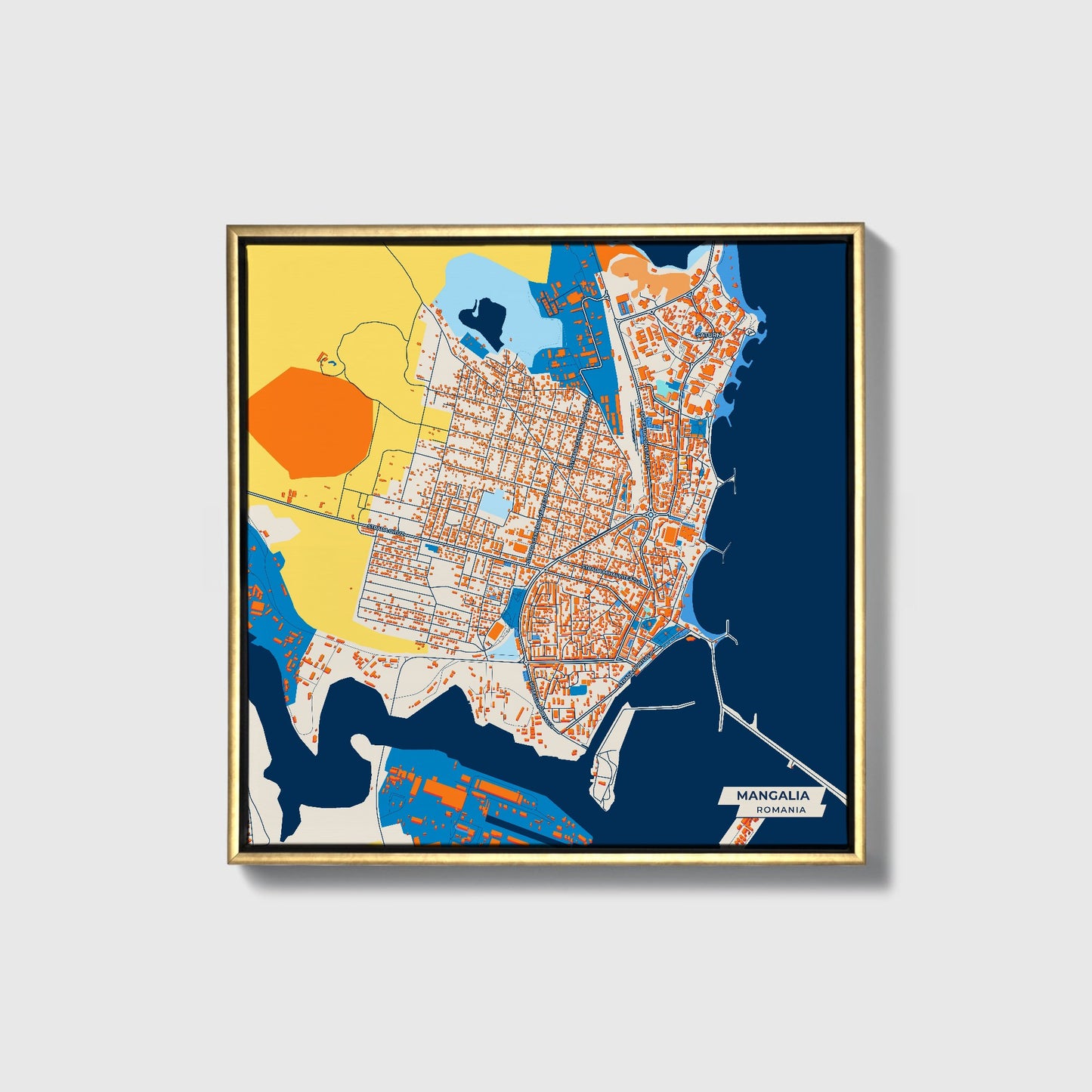 Mangalia Romania Colorful City Map Canvas Print • Gold Framed