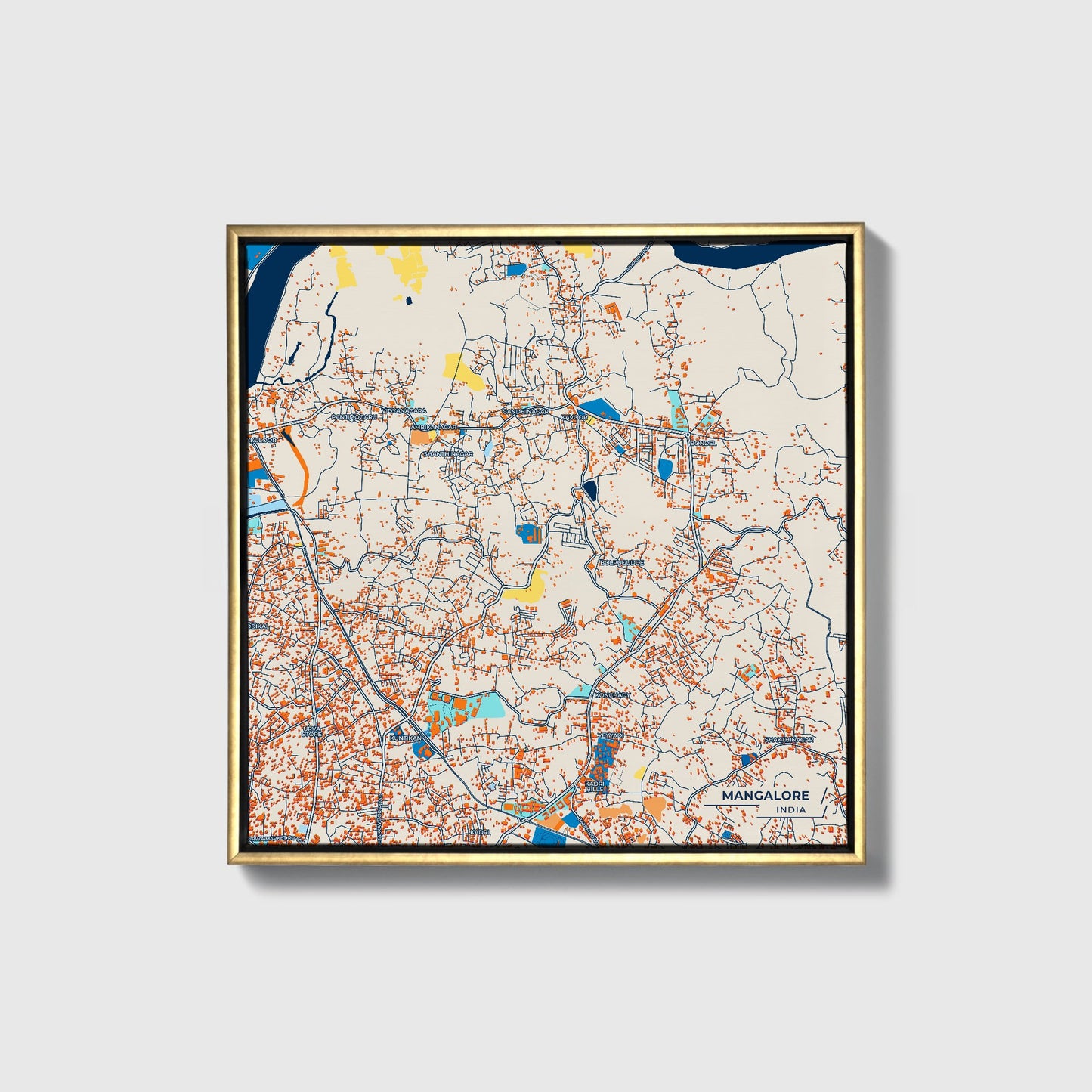 Mangalore India Colorful City Map Canvas Print • Gold Framed