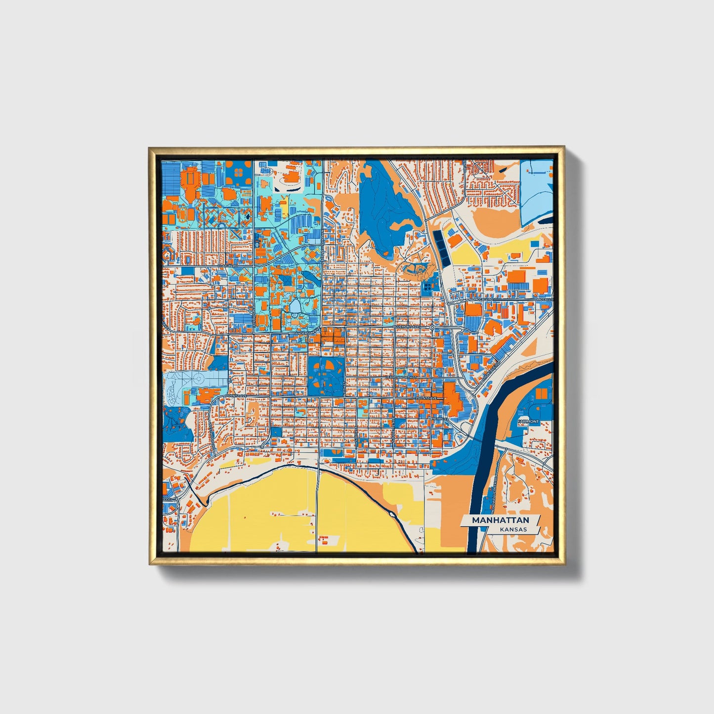 Manhattan Kansas Colorful City Map Canvas Print • Gold Framed