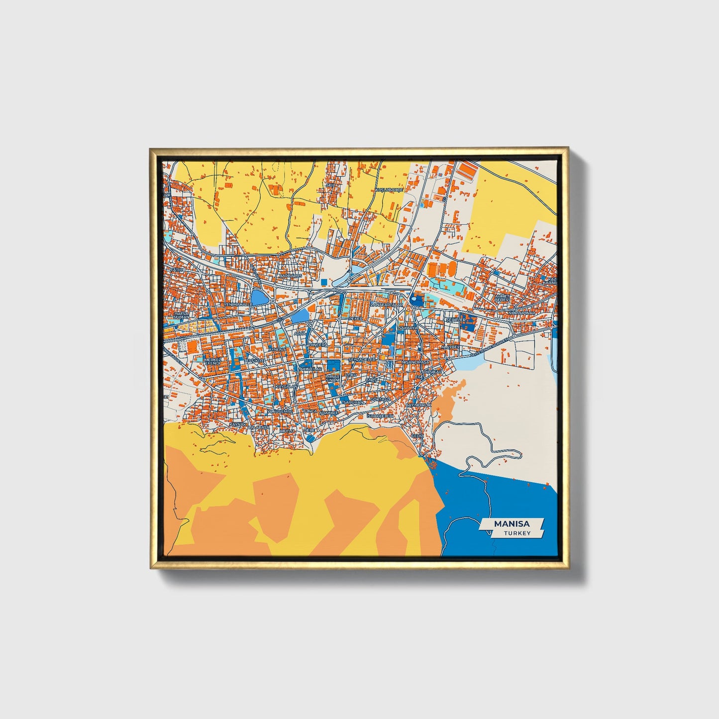 Mani̇sa Turkey Colorful City Map Canvas Print • Gold Framed