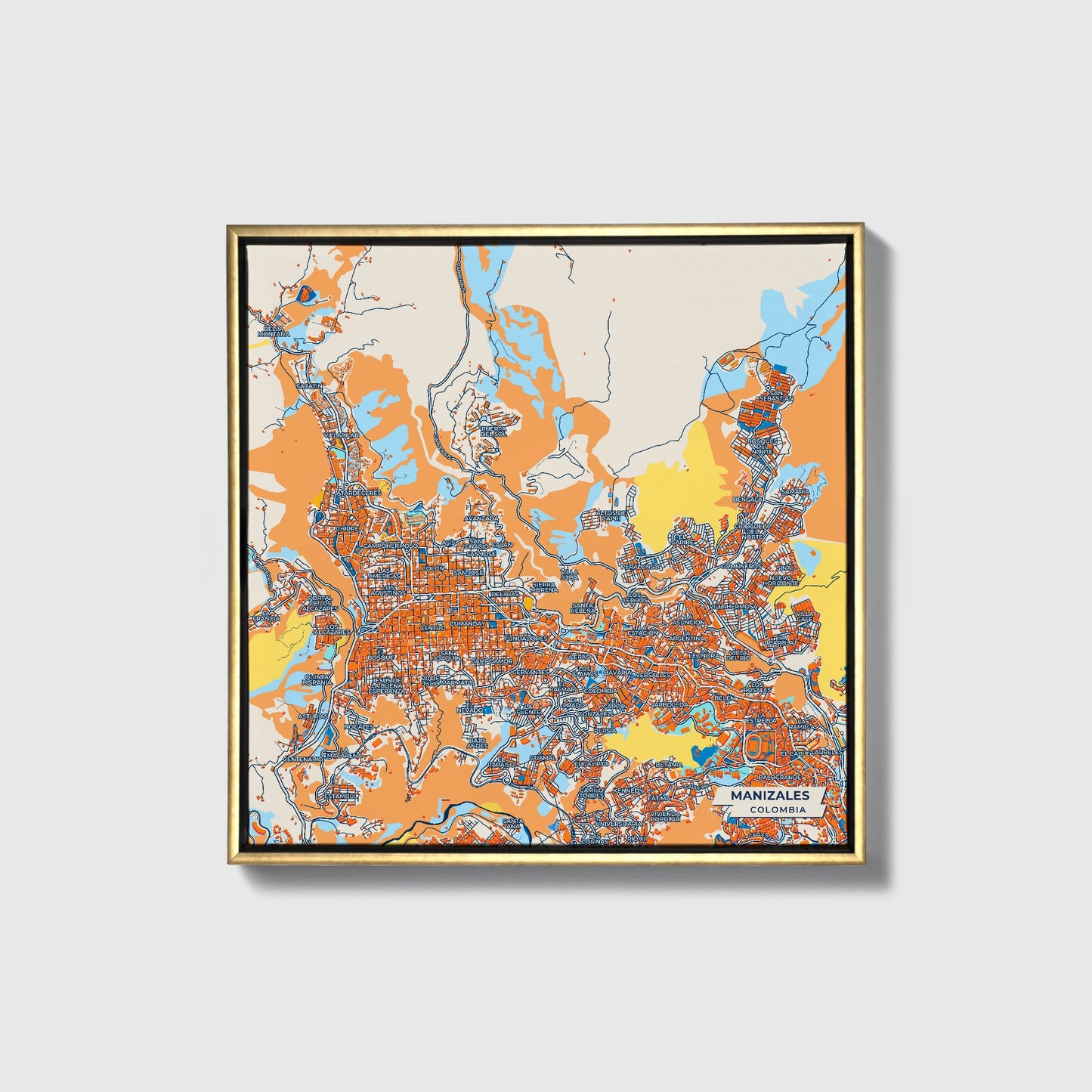 Manizales Colombia Colorful City Map Canvas Print • Gold Framed