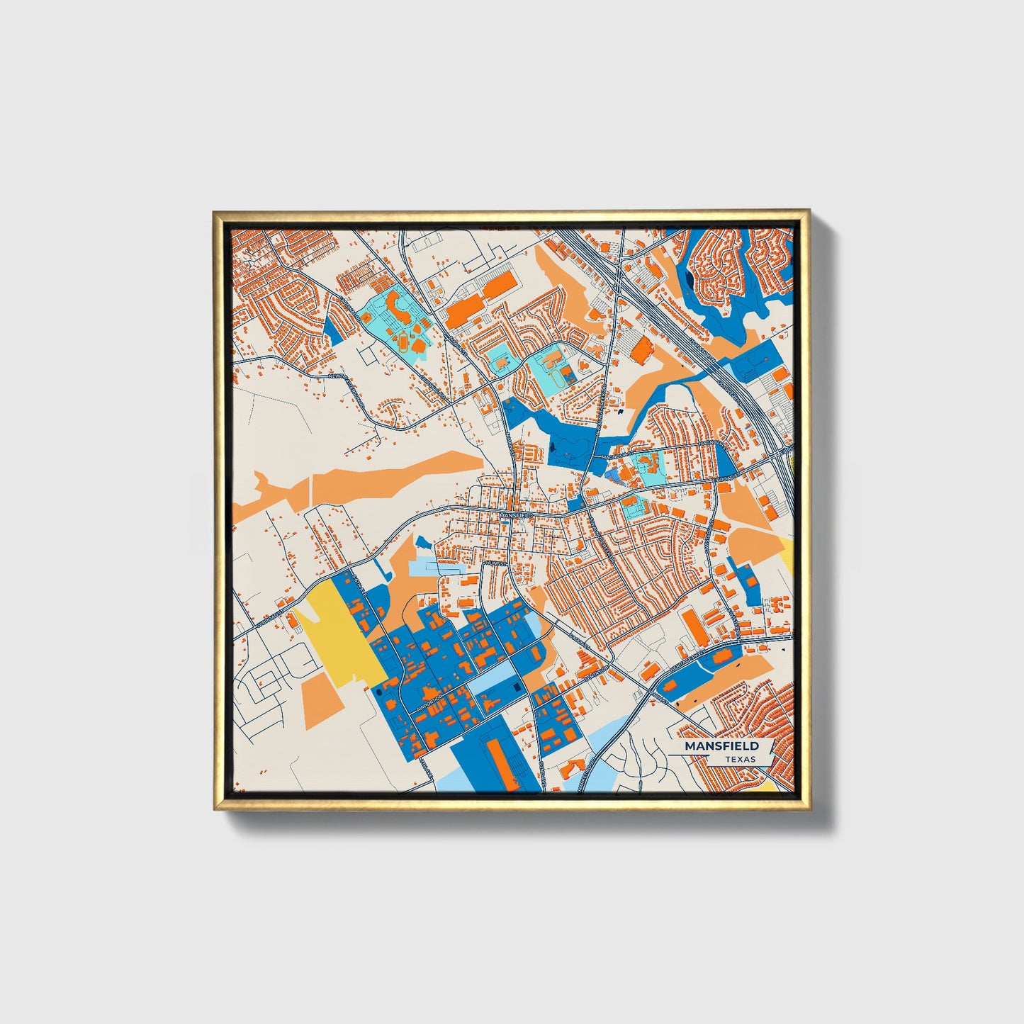 Mansfield Texas Colorful City Map Canvas Print • Gold Framed