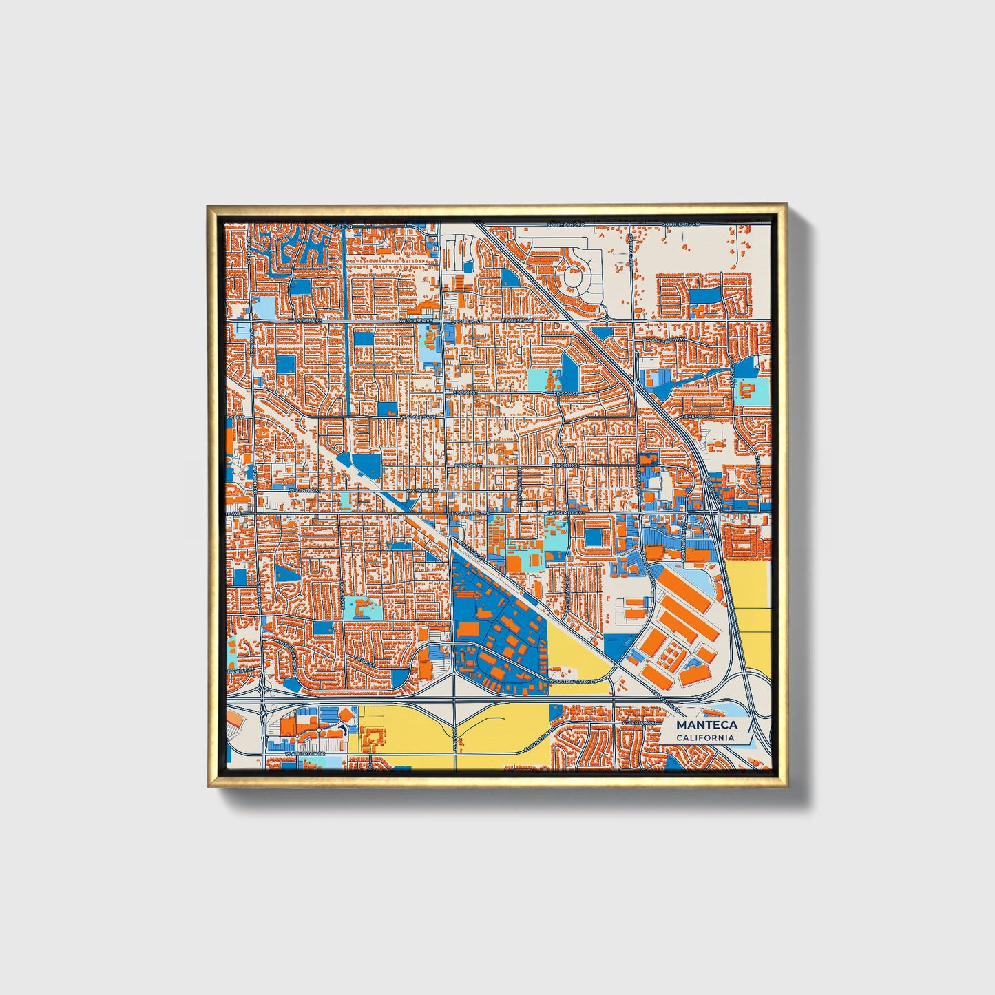 Manteca California Colorful City Map Canvas Print • Gold Framed