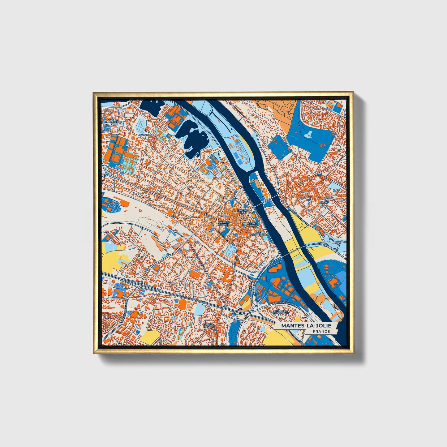 Mantes-La-Jolie France Colorful City Map Canvas Print • Gold Framed