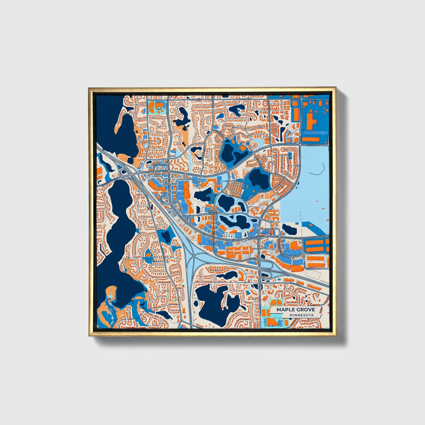 Maple Grove Minnesota Colorful City Map Canvas Print • Gold Framed