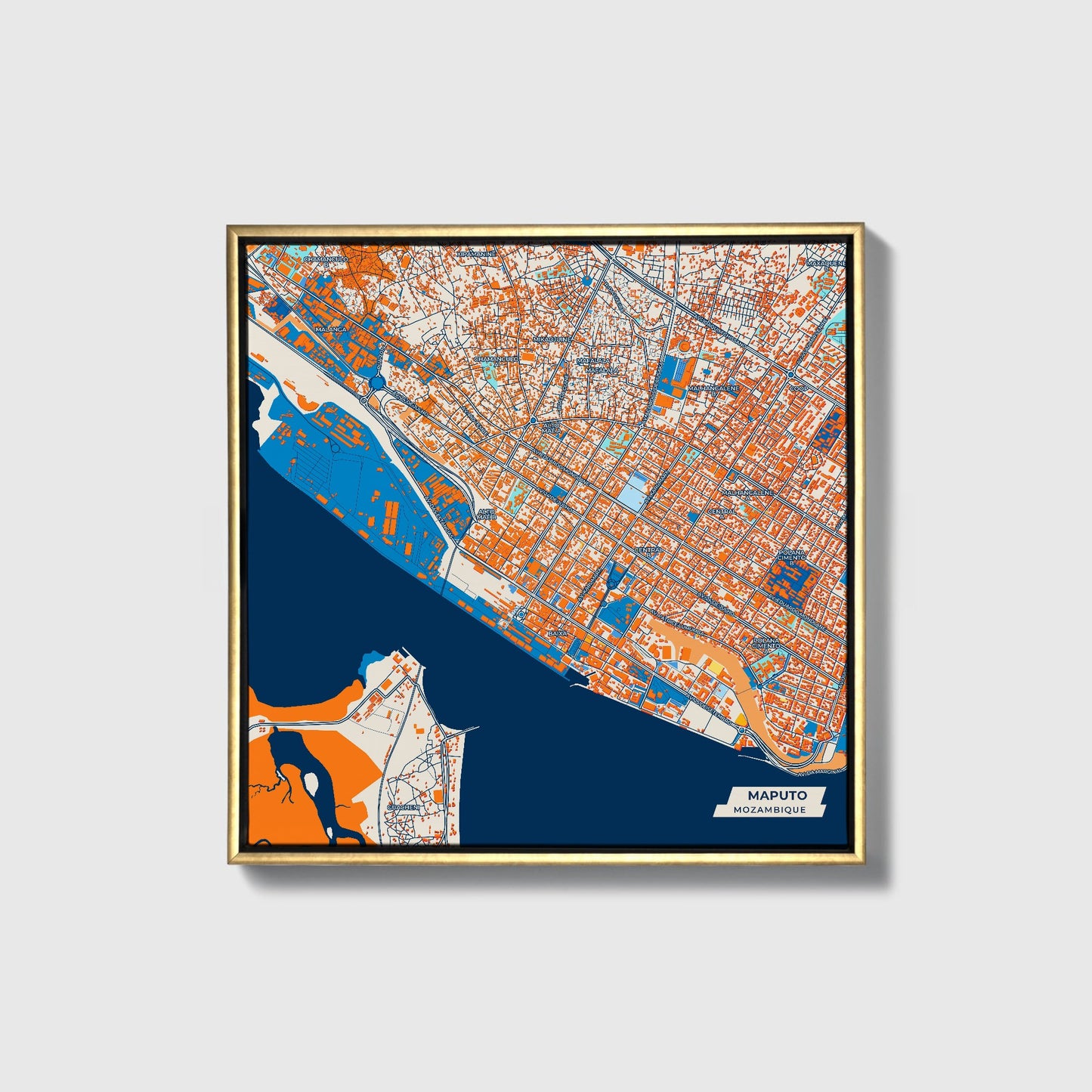 Maputo Mozambique Colorful City Map Canvas Print • Gold Framed