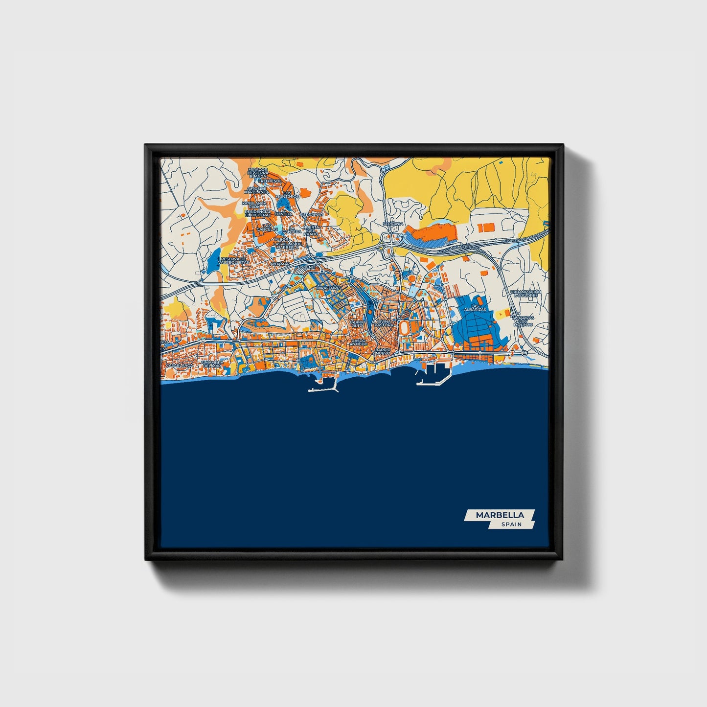 Marbella Spain Colorful City Map Canvas Print • Black Framed