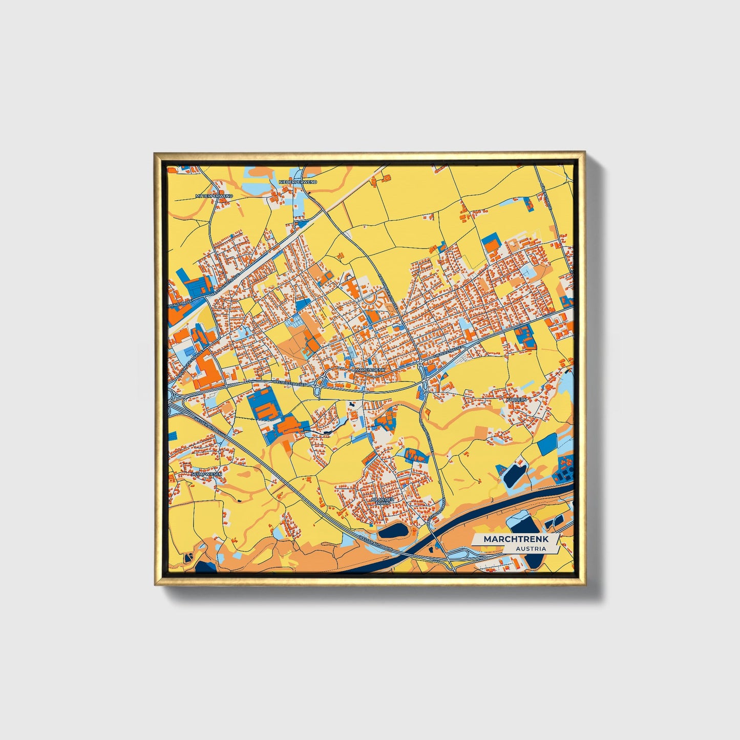 Marchtrenk Austria Colorful City Map Canvas Print • Gold Framed
