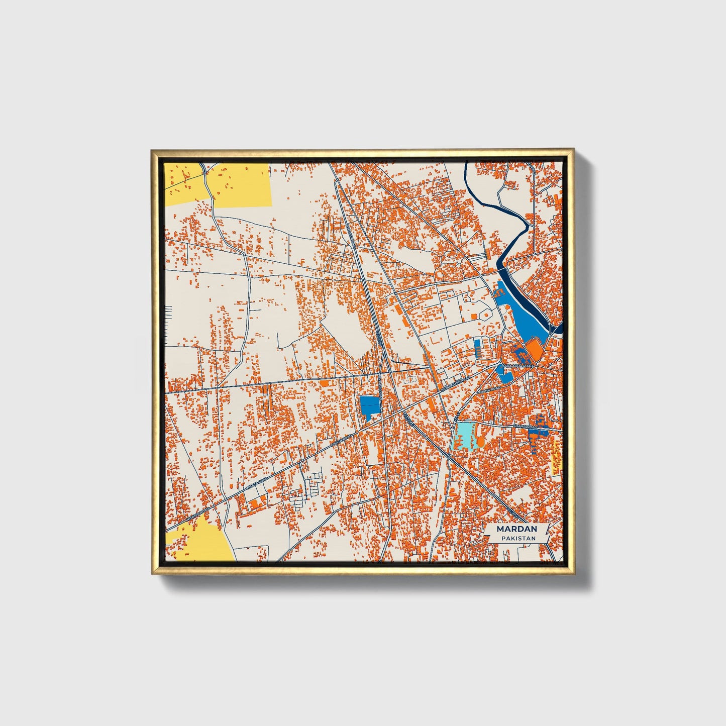 Mardan Pakistan Colorful City Map Canvas Print • Gold Framed
