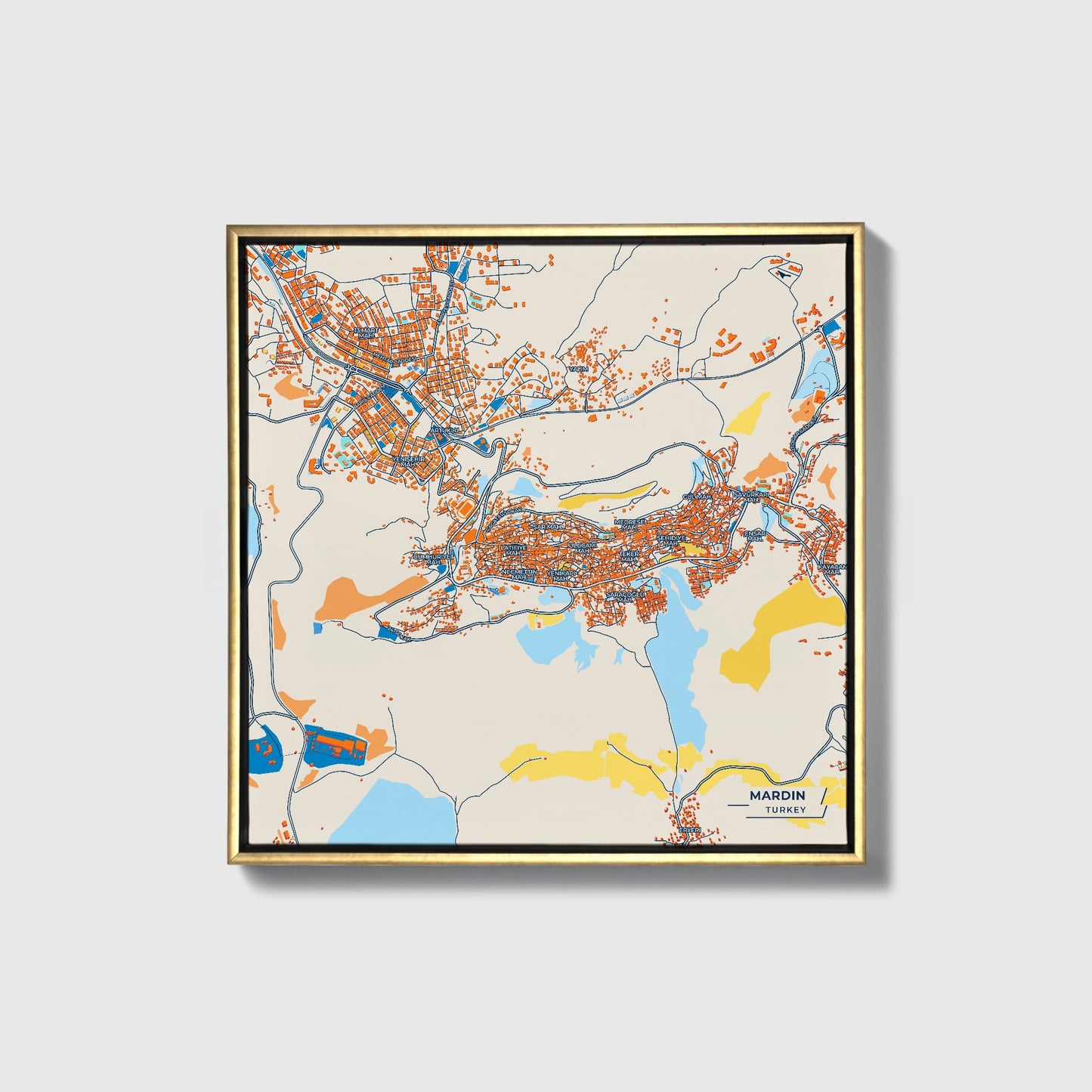 Mardi̇n Turkey Colorful City Map Canvas Print • Gold Framed