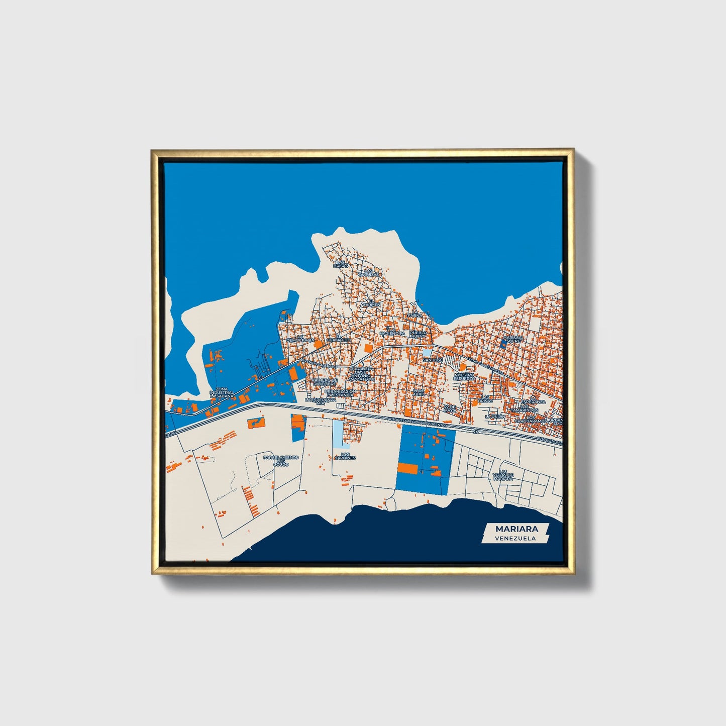 Mariara Venezuela Colorful City Map Canvas Print • Gold Framed