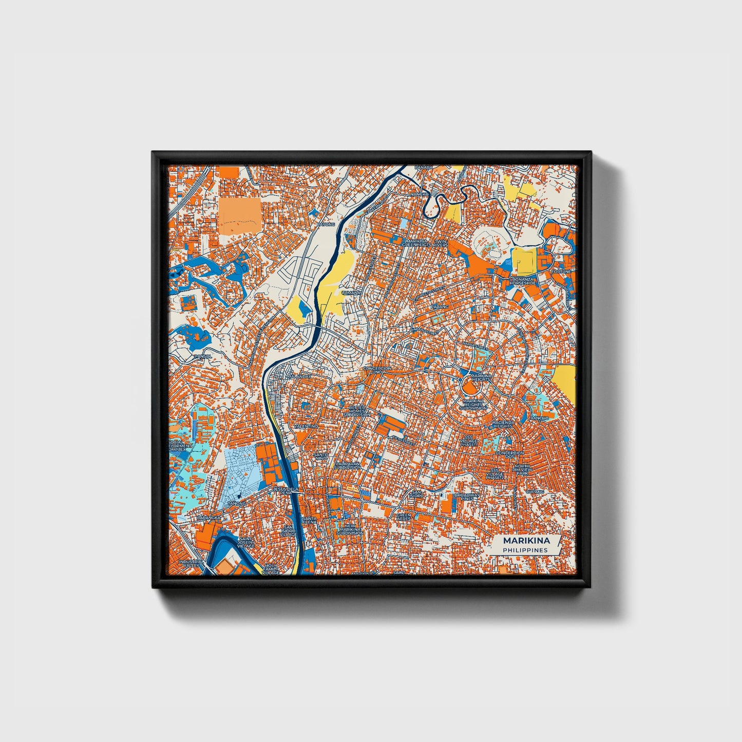 Marikina Philippines Colorful City Map Canvas Print • Black Framed