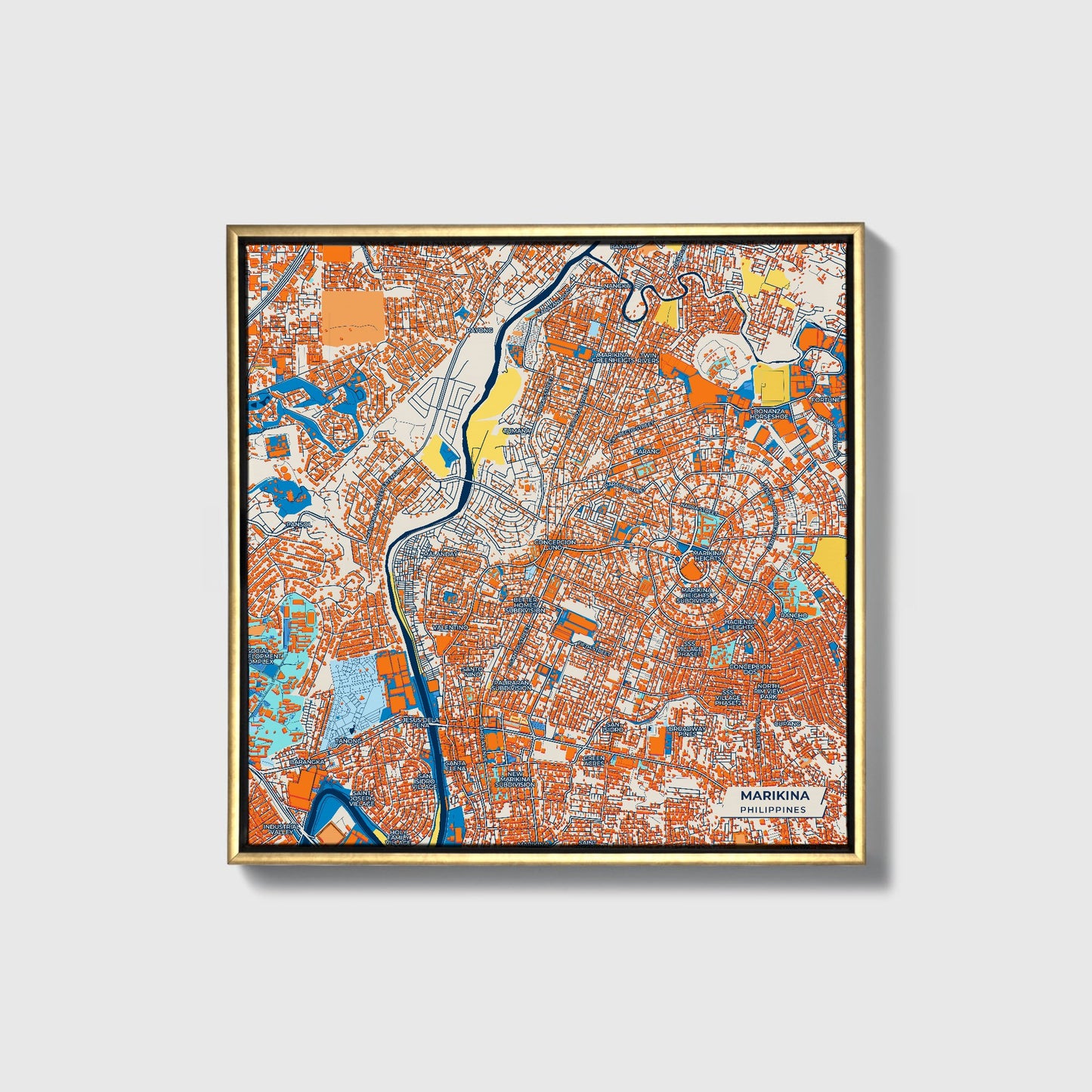 Marikina Philippines Colorful City Map Canvas Print • Gold Framed