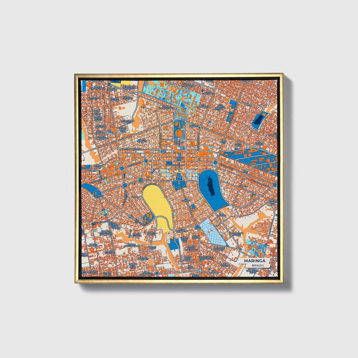 Maringa Brazil Colorful City Map Canvas Print • Gold Framed