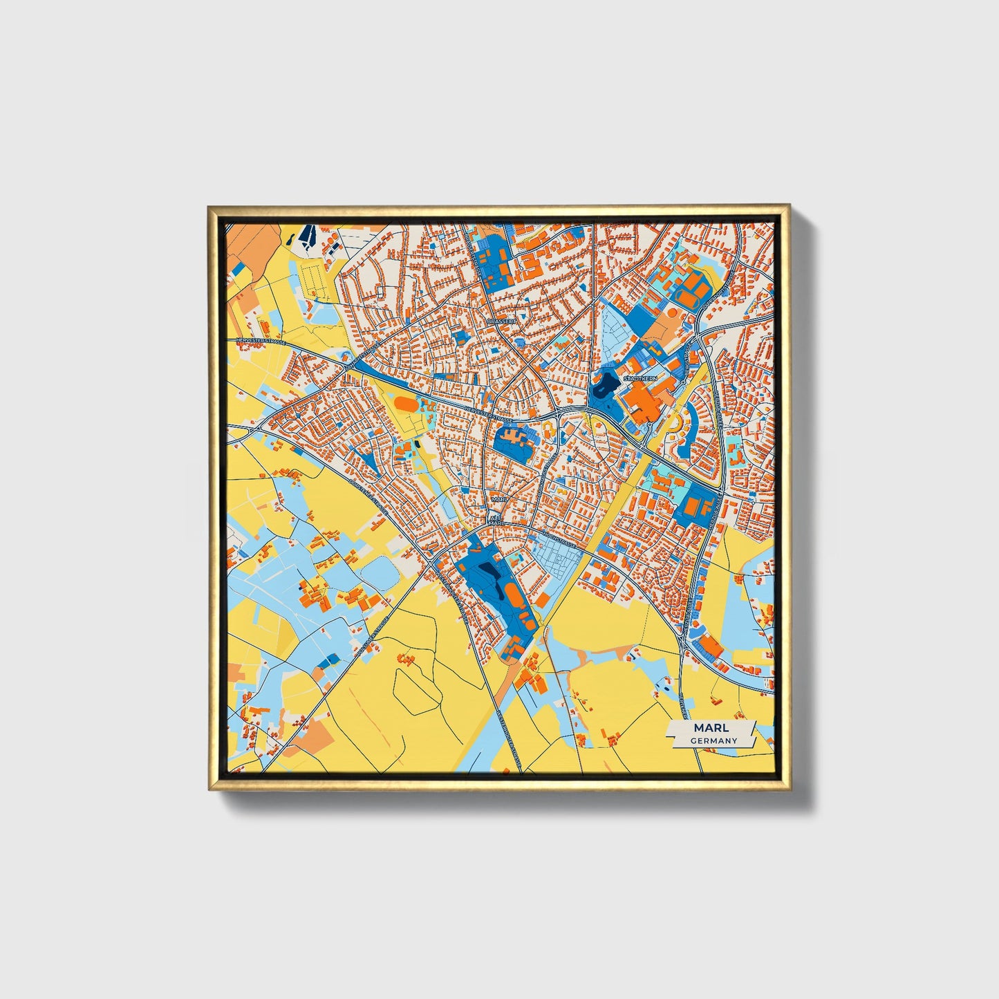 Marl Germany Colorful City Map Canvas Print • Gold Framed