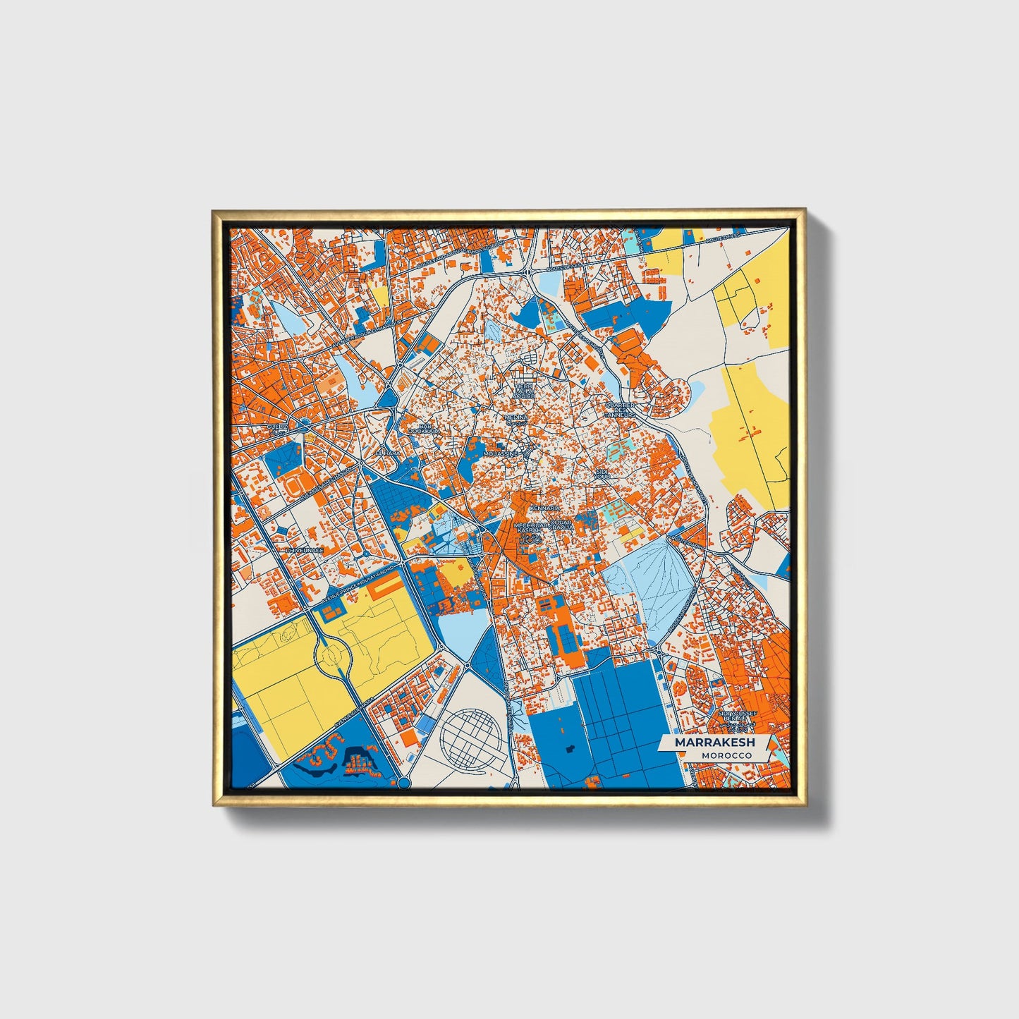 Marrakesh Morocco Colorful City Map Canvas Print • Gold Framed