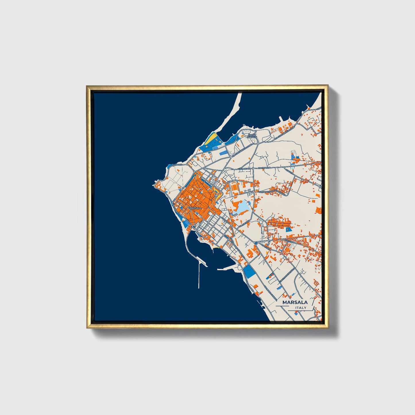 Marsala Italy Colorful City Map Canvas Print • Gold Framed