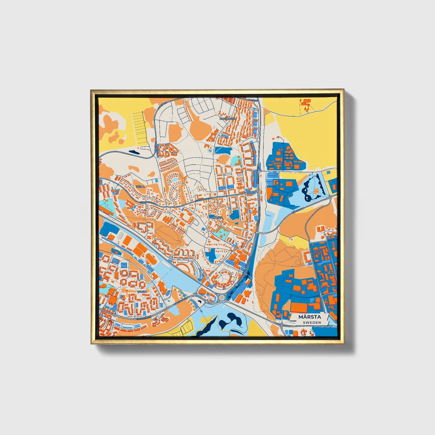 Märsta Sweden Colorful City Map Canvas Print • Gold Framed