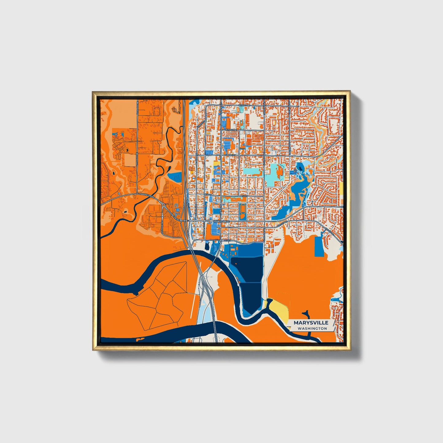 Marysville Washington Colorful City Map Canvas Print • Gold Framed