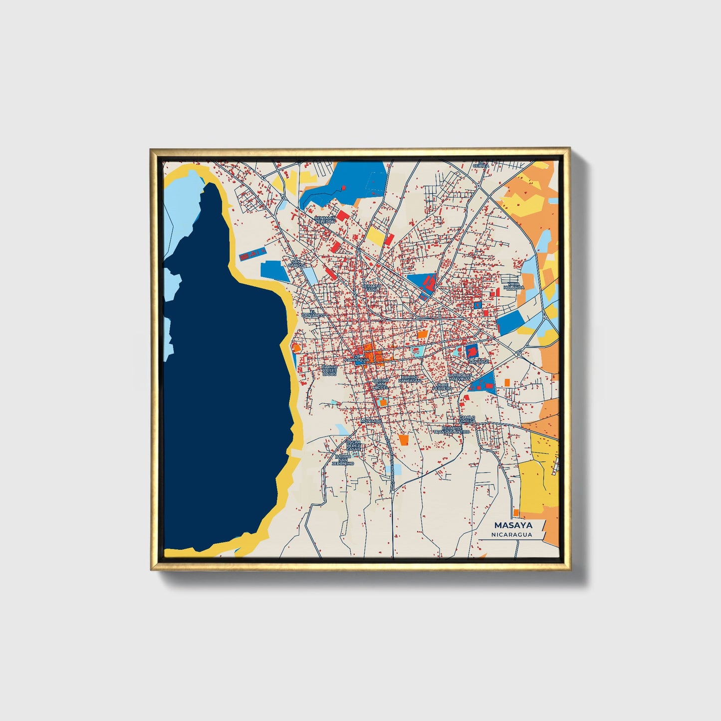 Masaya Nicaragua Colorful City Map Canvas Print • Gold Framed