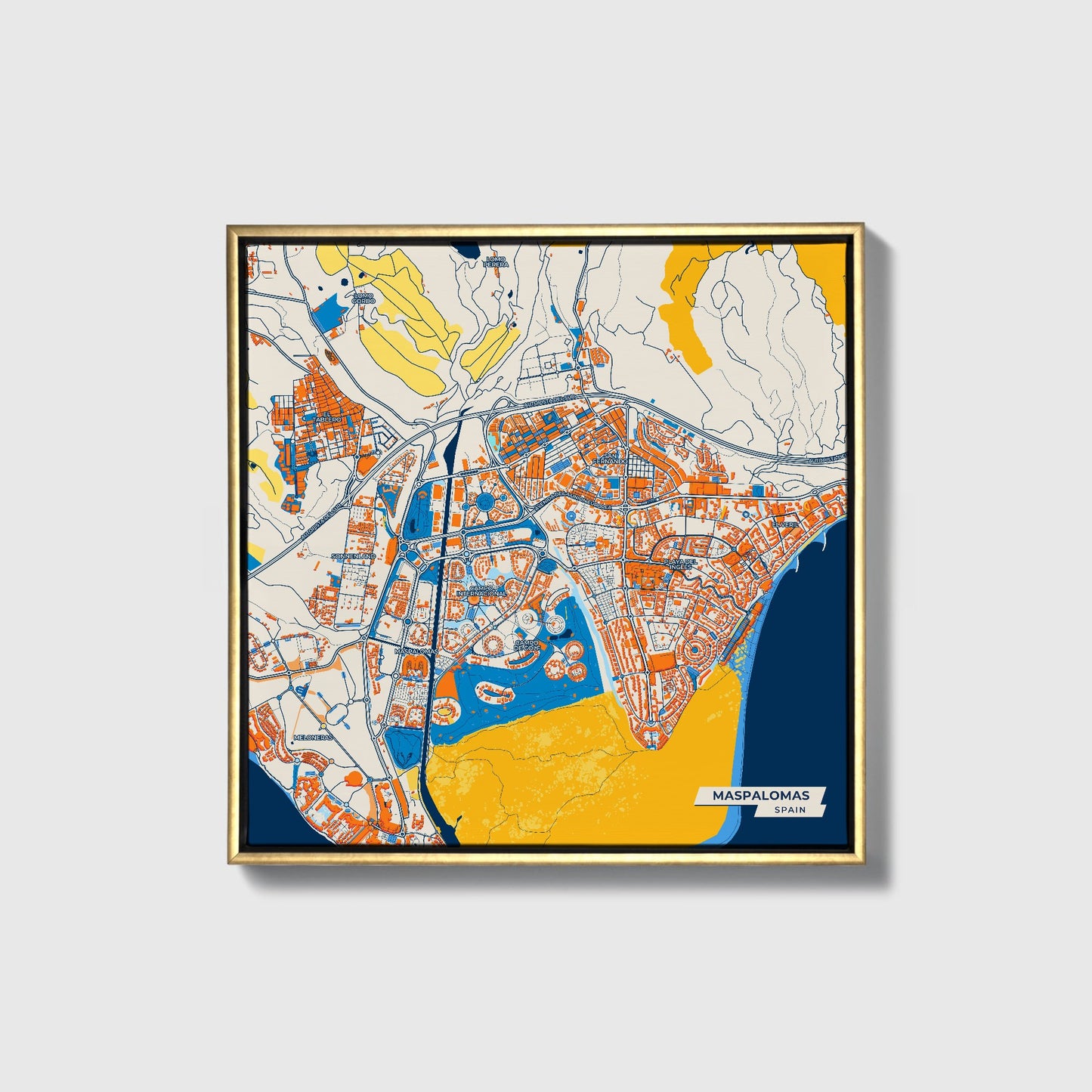 Maspalomas Spain Colorful City Map Canvas Print • Gold Framed
