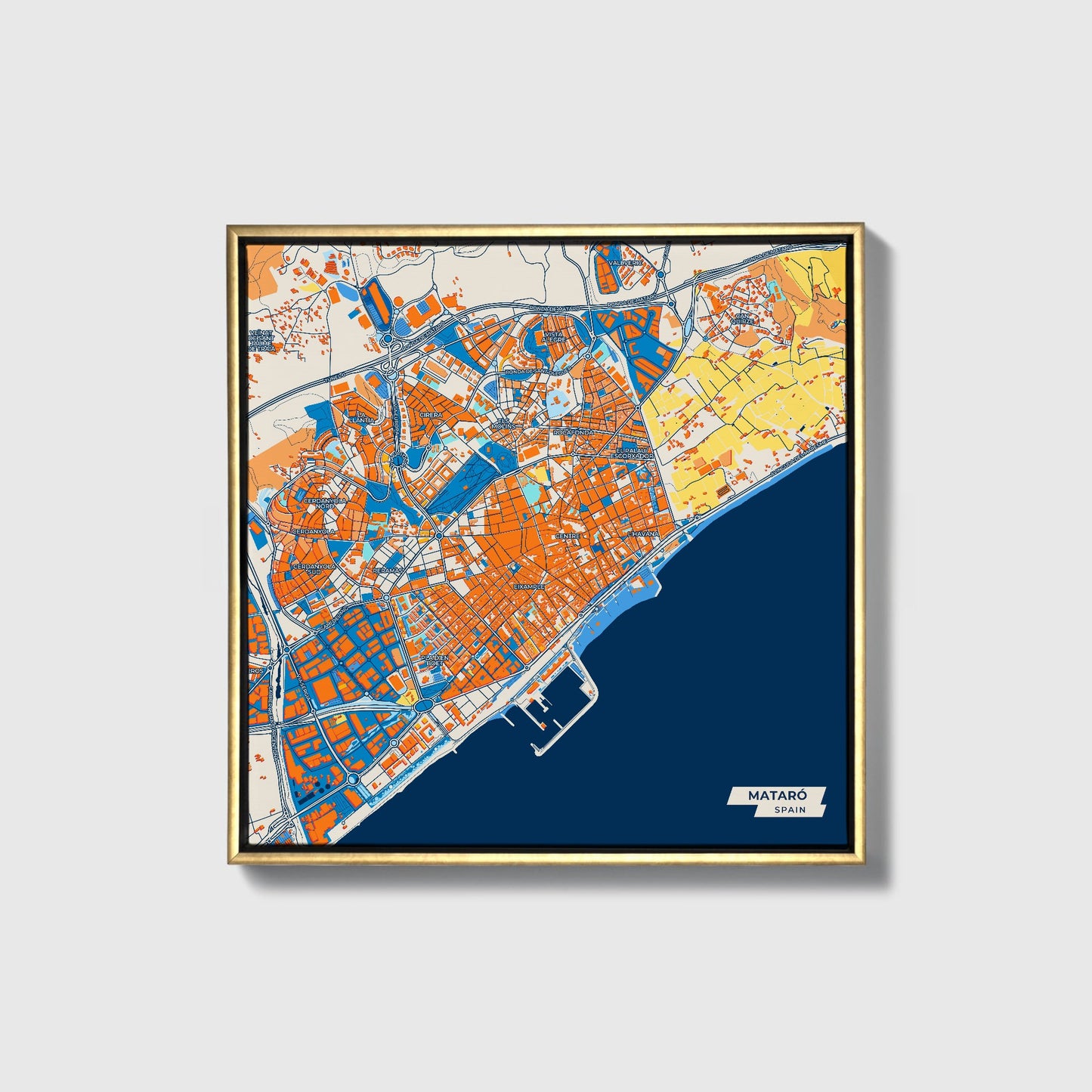 Mataró Spain Colorful City Map Canvas Print • Gold Framed